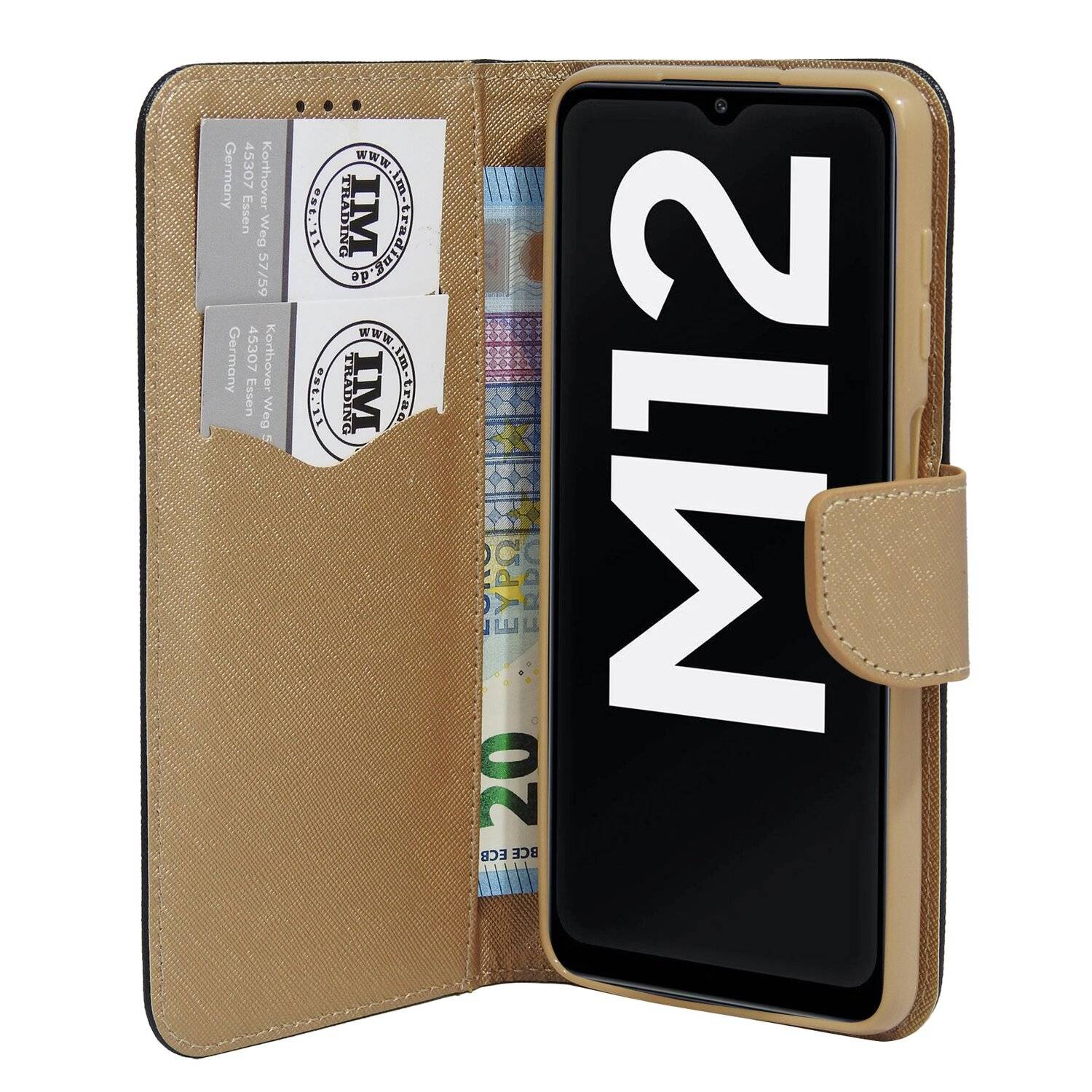 Buch Tasche "Fancy" für SAMSUNG GALAXY M12 (M127F) Handy Hülle Schutzhülle mit Standfunktion, Kartenfach Schwarz-Gold