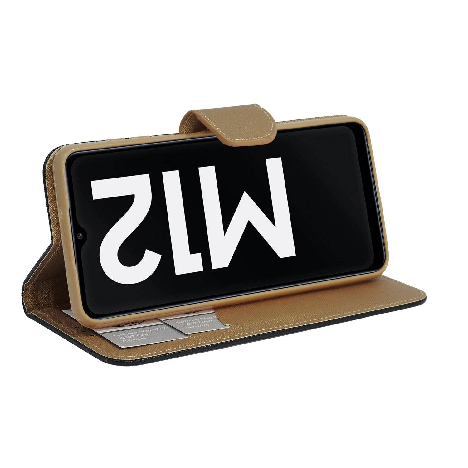 Buch Tasche "Fancy" für SAMSUNG GALAXY M12 (M127F) Handy Hülle Schutzhülle mit Standfunktion, Kartenfach Schwarz-Gold