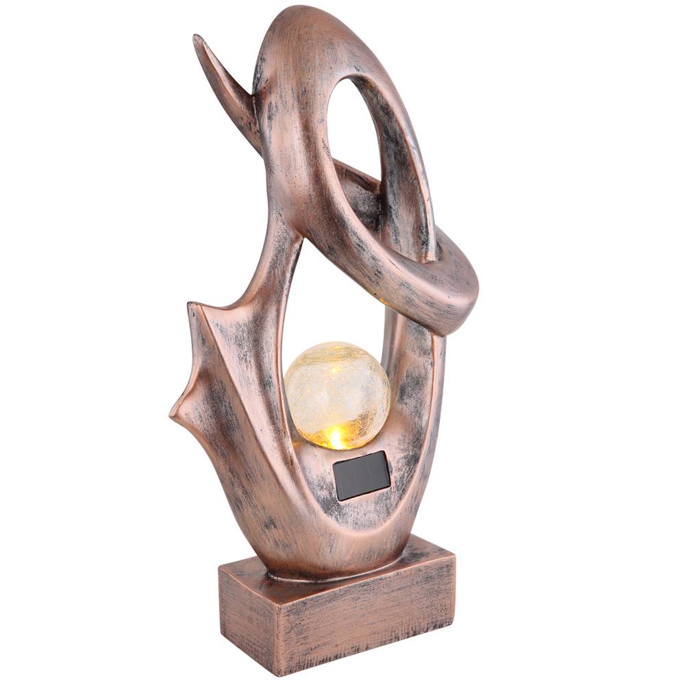 Gartendeko Solarlampe für Außen Terrassenlampe Außen Boden Solarlampe Outdoor stehend, mit Feuereffekt, Skulptur bronze, Crackle Glaskugel, 1x LED