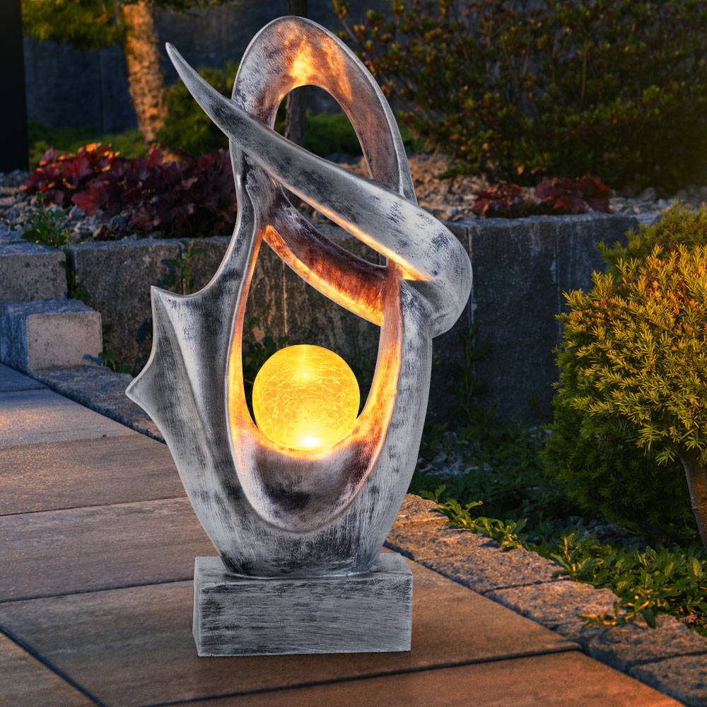 Solarlampe für Außen Garten Deko Terrassen Lampe Außen Boden Solar Lampe Outdoor stehend, mit Feuereffekt, Skulptur silber, Crackle Glaskugel, 1x