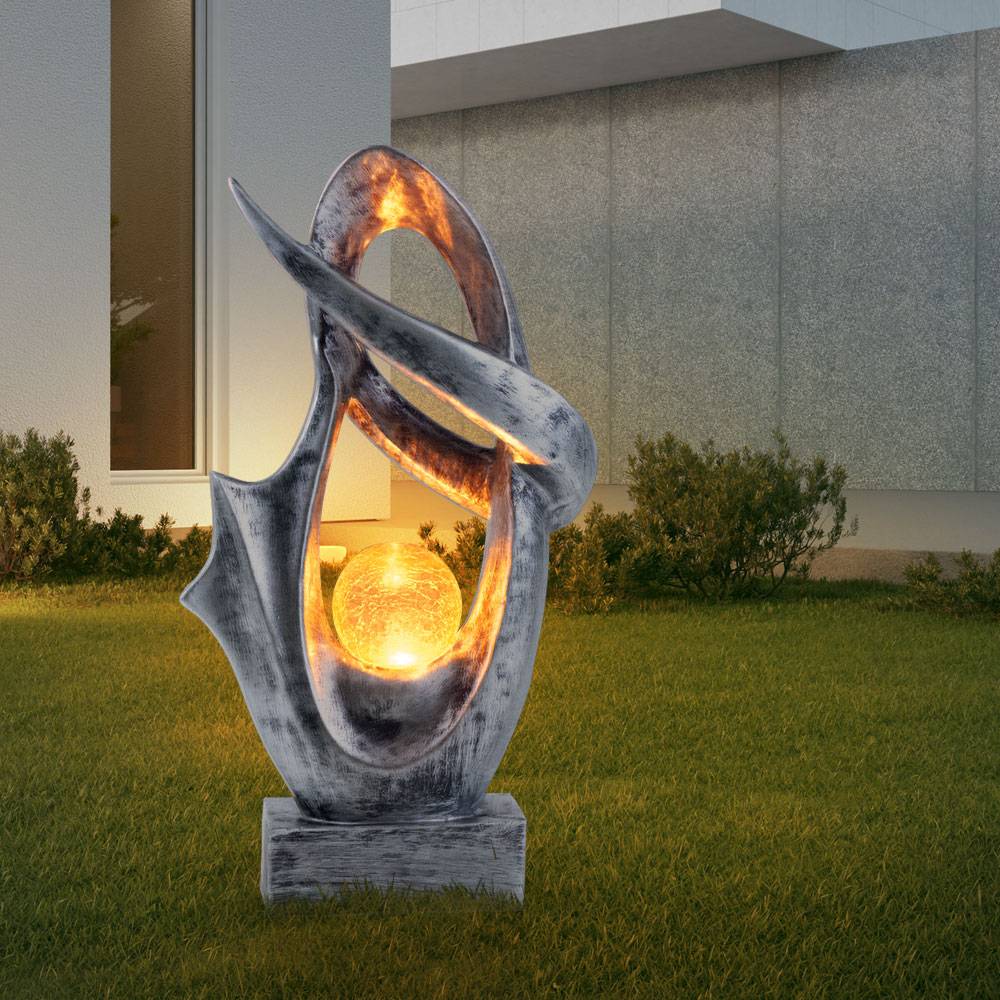 Solarlampe für Außen Garten Deko Terrassen Lampe Außen Boden Solar Lampe Outdoor stehend, mit Feuereffekt, Skulptur silber, Crackle Glaskugel, 1x
