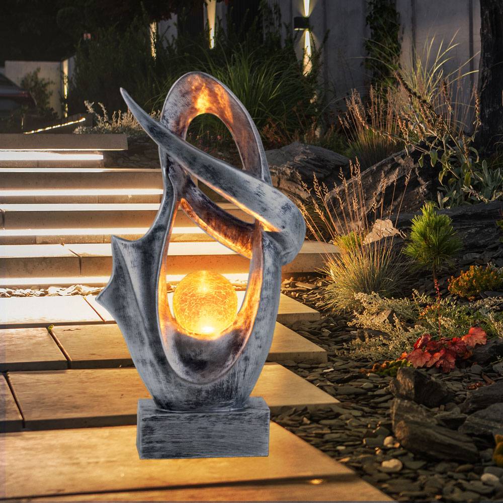 Solarlampe für Außen Garten Deko Terrassen Lampe Außen Boden Solar Lampe Outdoor stehend, mit Feuereffekt, Skulptur silber, Crackle Glaskugel, 1x