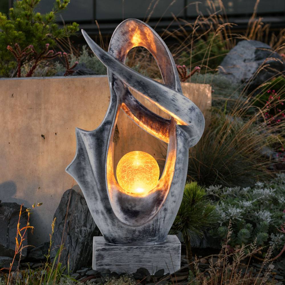 Solarlampe für Außen Garten Deko Terrassen Lampe Außen Boden Solar Lampe Outdoor stehend, mit Feuereffekt, Skulptur silber, Crackle Glaskugel, 1x