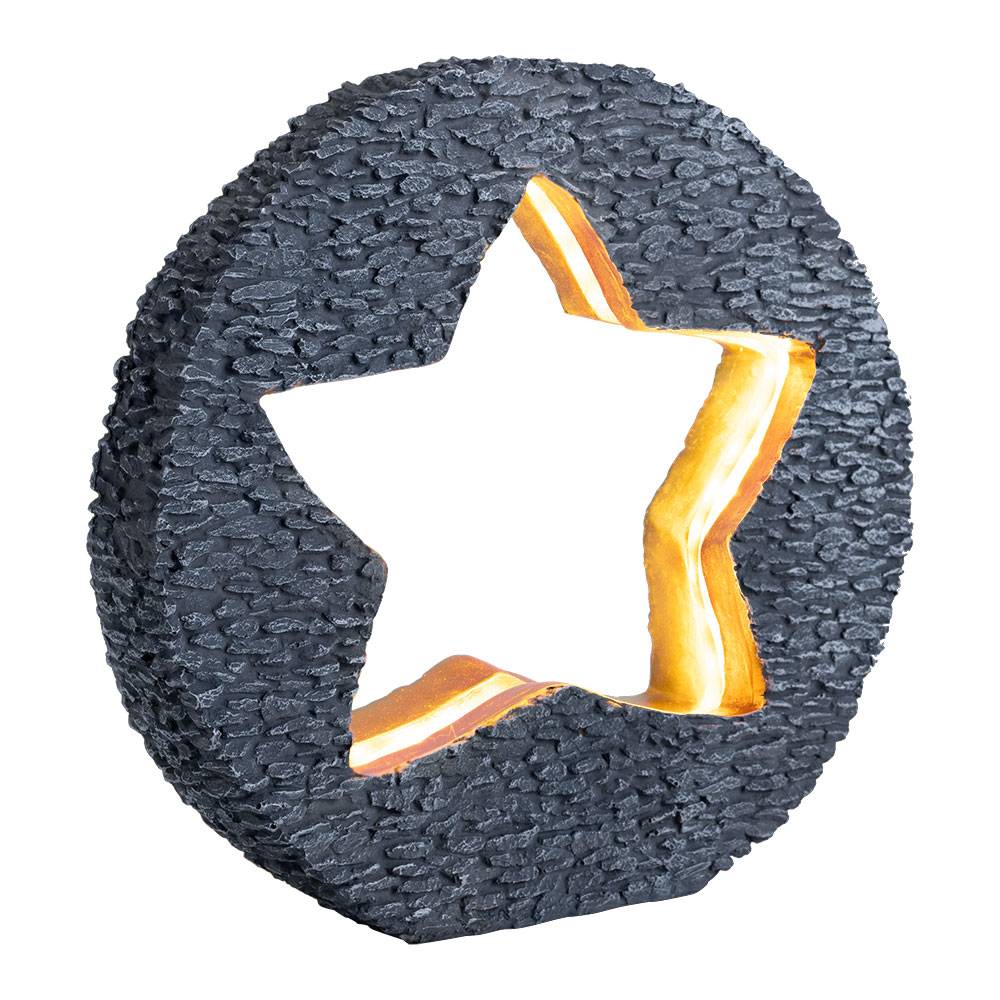 Solarleuchte Gartendeko für Außen Tischdeko Solarleuchte goldfarben Stein-Stern Optik, grau rund, LED warmweiß, LxH 31x29,5 cm