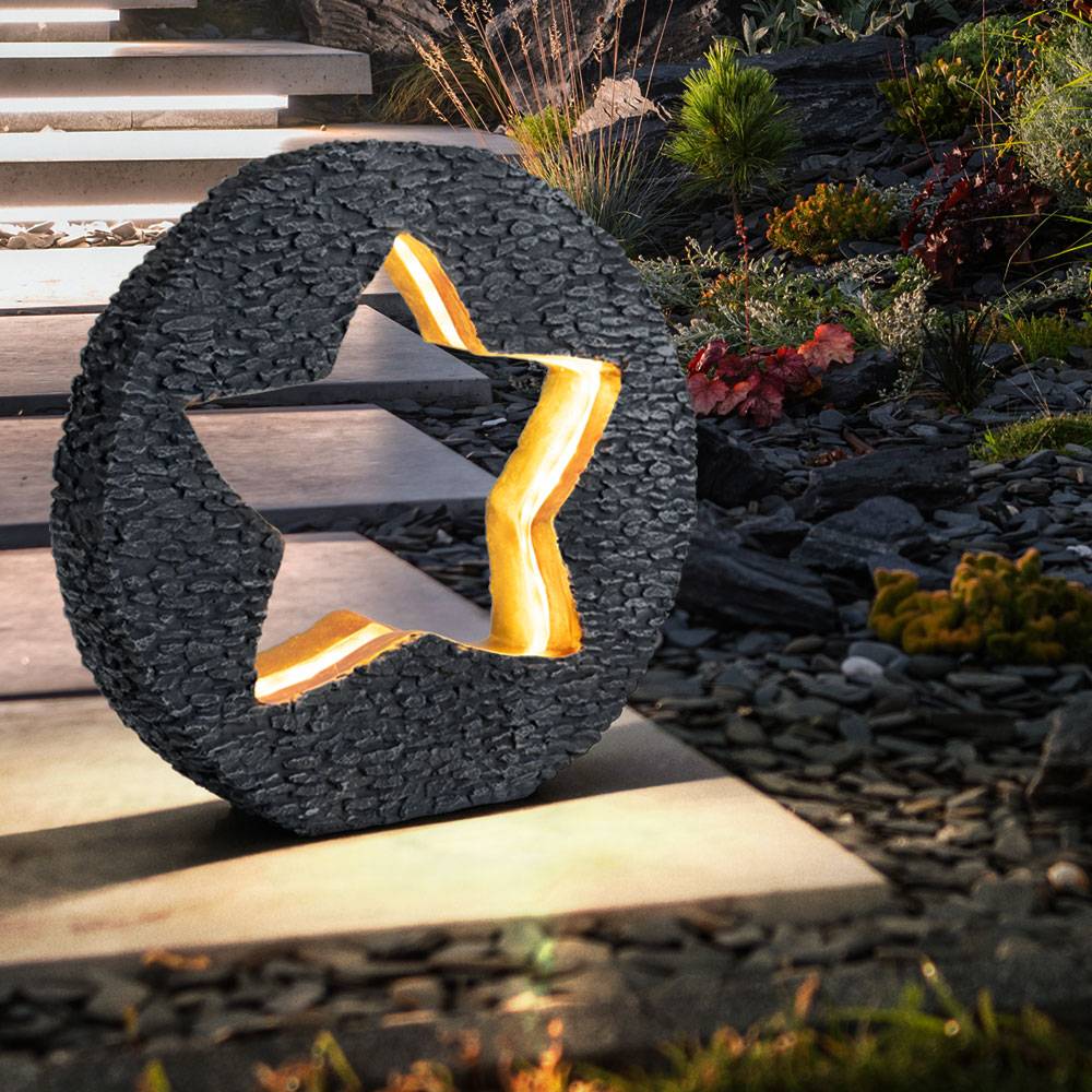 Solarleuchte Gartendeko für Außen Tischdeko Solarleuchte goldfarben Stein-Stern Optik, grau rund, LED warmweiß, LxH 31x29,5 cm