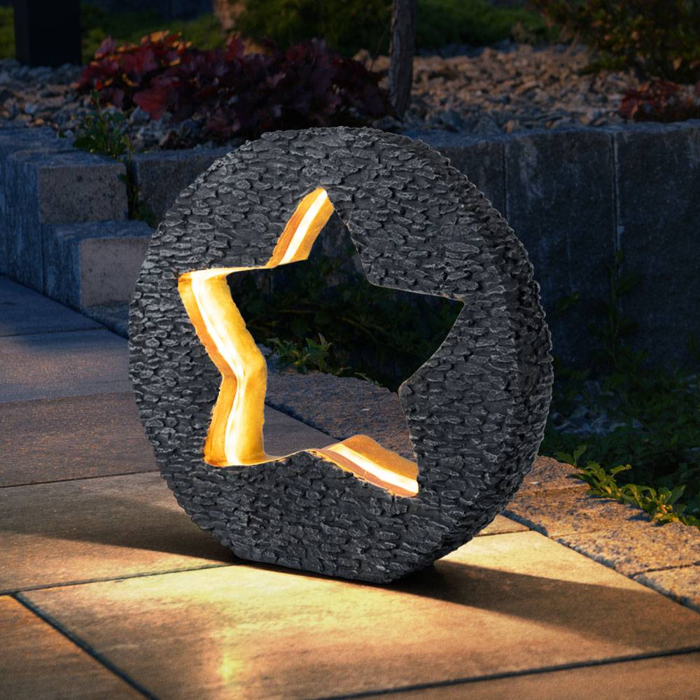 Solarleuchte Gartendeko für Außen Tischdeko Solarleuchte goldfarben Stein-Stern Optik, grau rund, LED warmweiß, LxH 31x29,5 cm, 2er Set