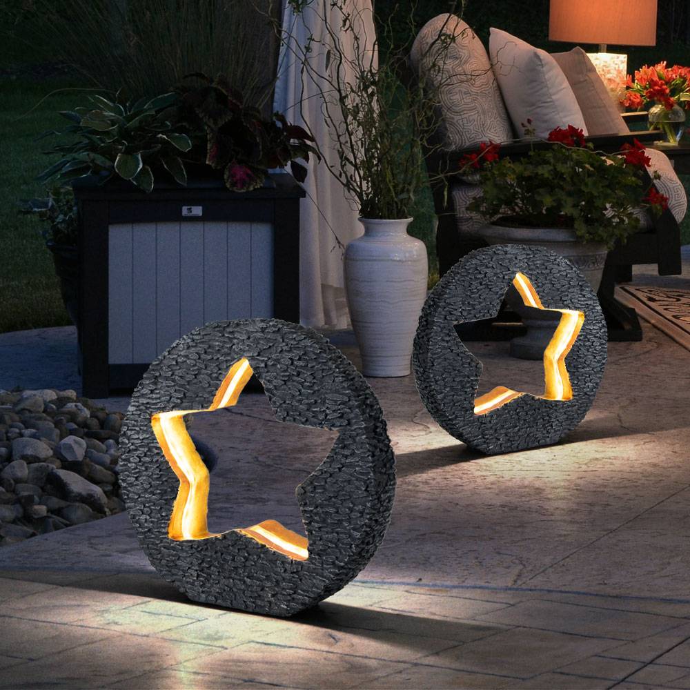 Solarleuchte Gartendeko für Außen Tischdeko Solarleuchte goldfarben Stein-Stern Optik, grau rund, LED warmweiß, LxH 31x29,5 cm