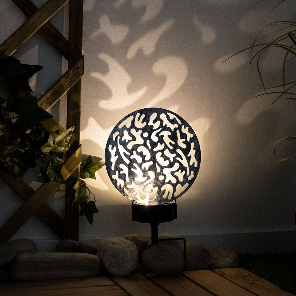 Gartendeko Lampen Solarlampen für Außen Garten LED Terrassen Dekoration Solar, Erdspitz und Dekorstanzungen, schwarz silber antik, 2x LED 3000K, LxH