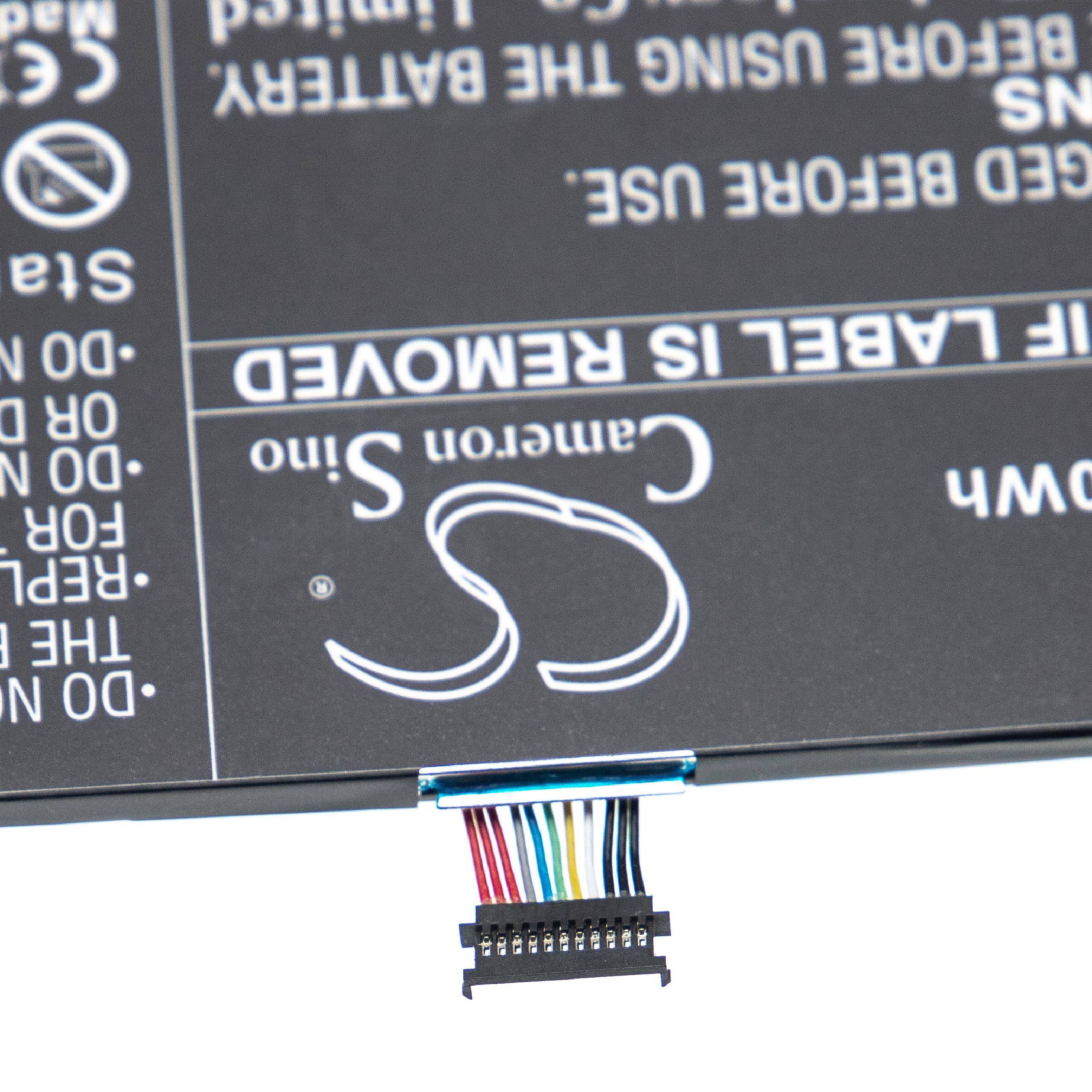 Batteriekennzeichnung mit Warnsymbolen und Textanweisungen. Ein mehrfarbiger Steckverbinder ist am unteren Ende der Batterie angebracht.