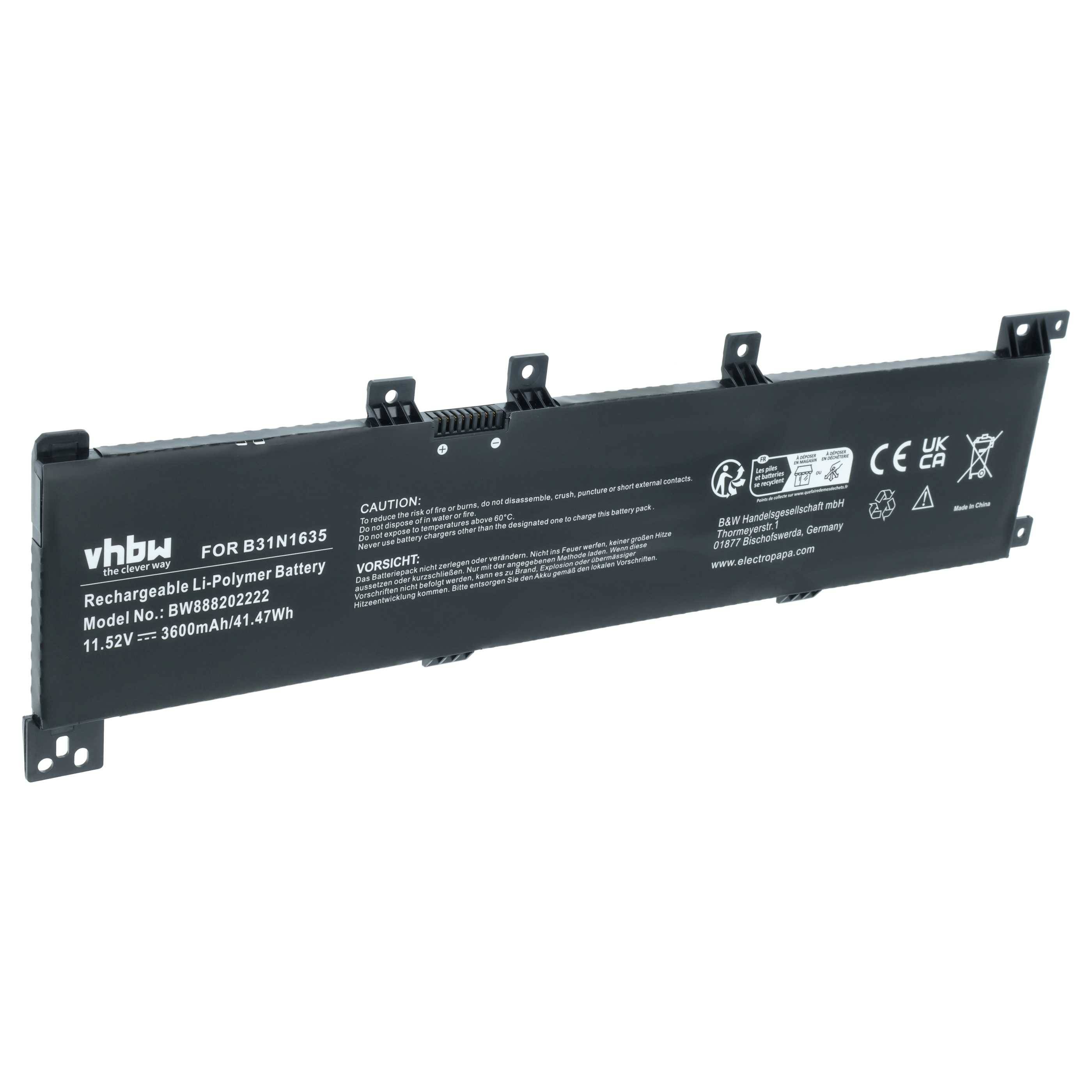 vhbw Akku kompatibel mit Asus R702QR-BX031T, P1700UV-GC250R, R702NA-BX054T, R702NA-BX085T Notebook (3600 mAh, 11,52 V, Li-Polymer)