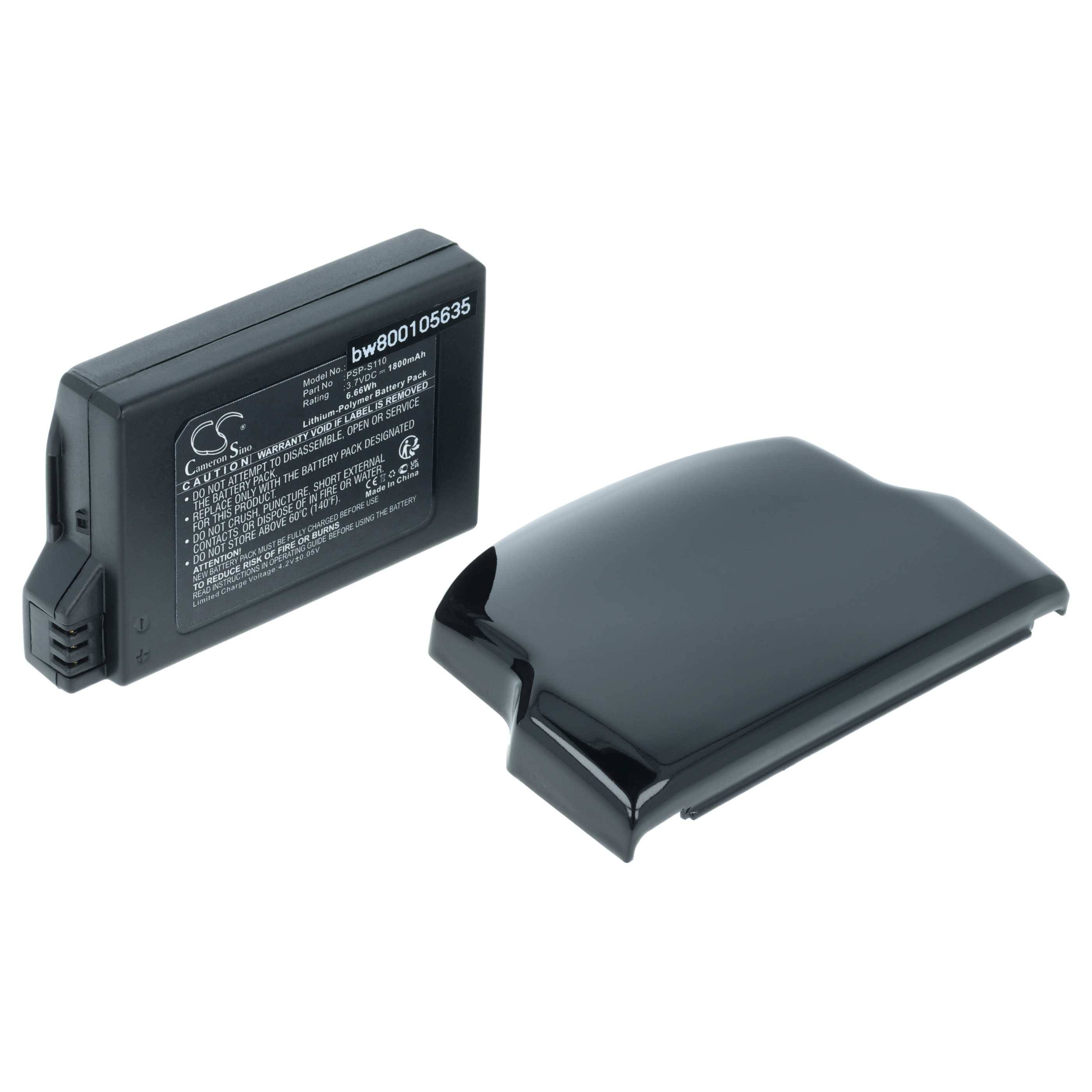 Schwarze wiederaufladbare Batterieverpackung und passendes Abdeckung oder Gehäuse auf weißem Hintergrund.