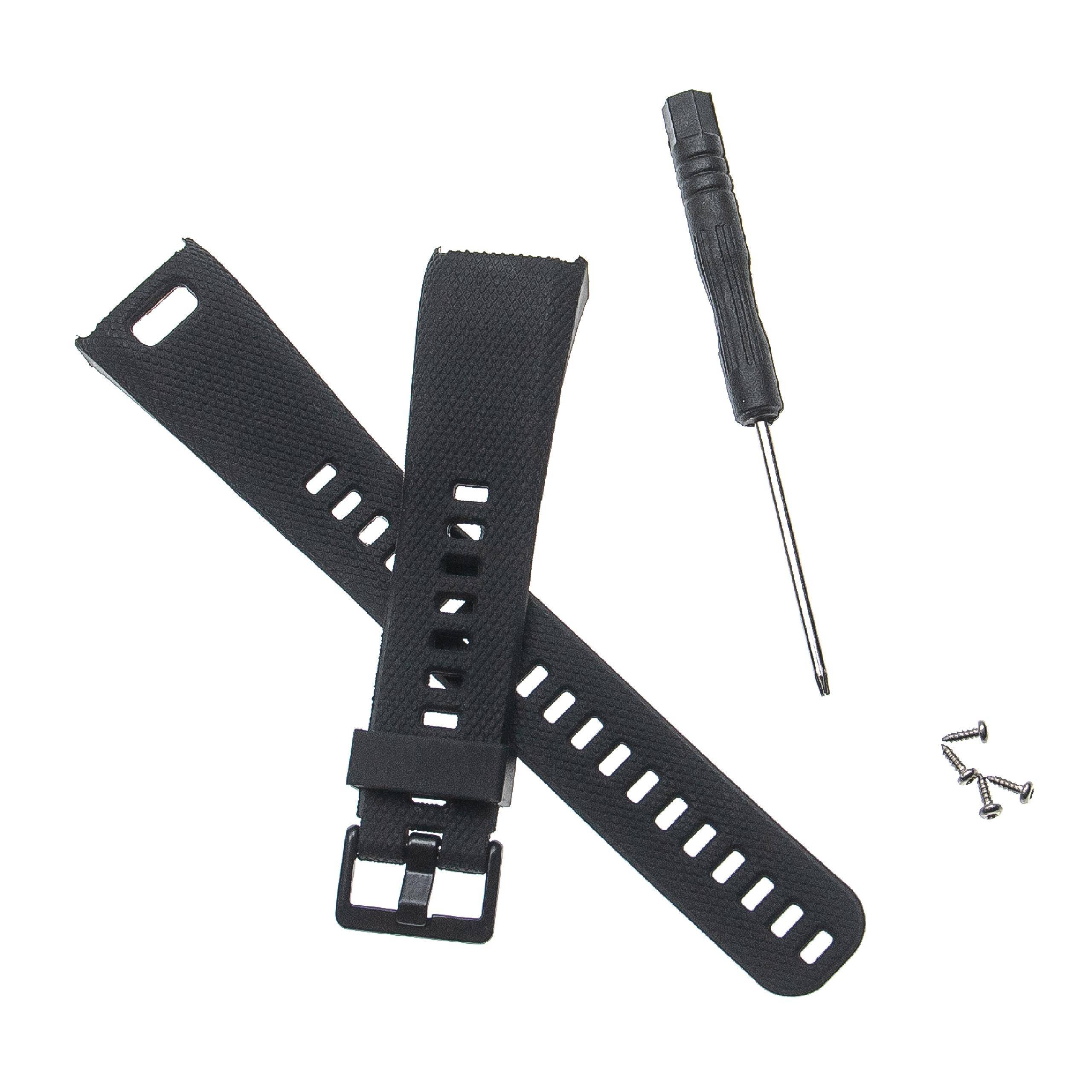 Schwarzes Ersatz-Uhrenarmband, Schraubendreher und Schrauben - Ein schwarzes Uhrenarmband mit einer Schnalle, ein kleiner Schraubendreher und drei winzige Schrauben sind auf einem weißen Hintergrund angeordnet.