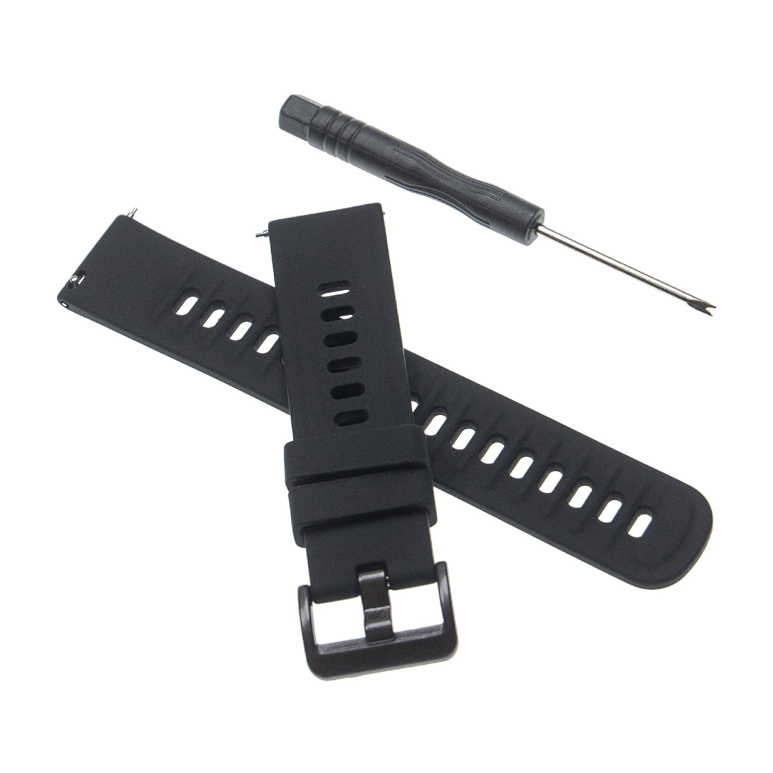 Schwarzes Uhrenarmband mit Verstelllöchern und einem kleinen Schraubenzieher zur Installation oder zum Austausch.