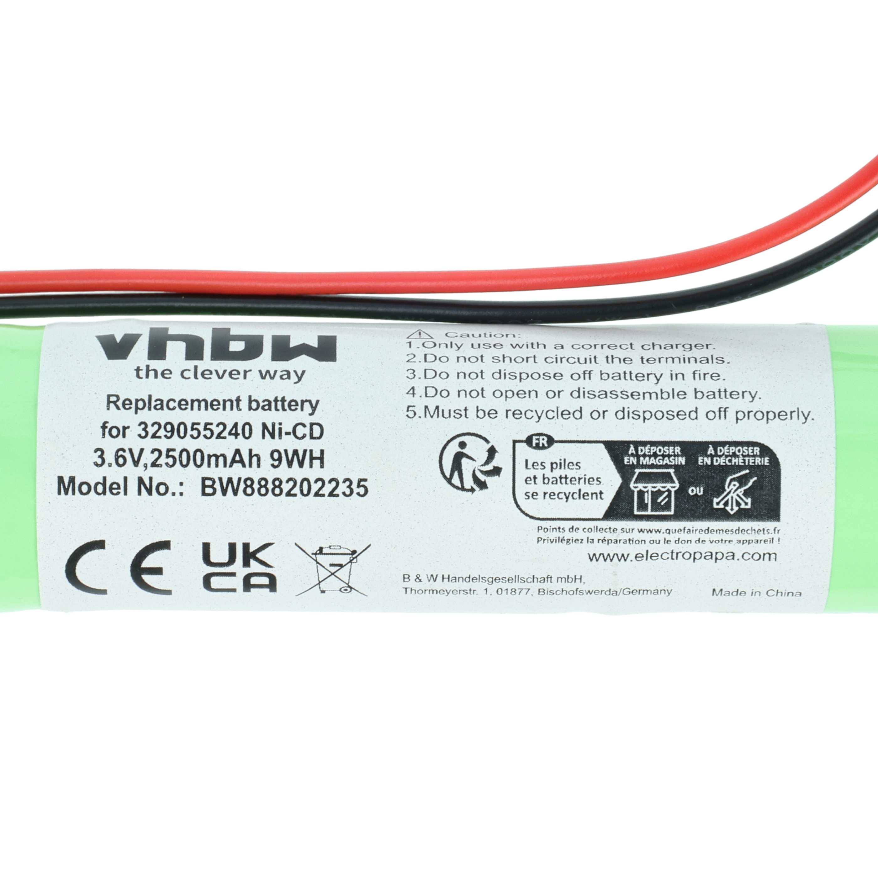 Grüner Ersatzakku für Modell BW888202235, 3,6V, 2500mAh, 9Wh. Enthält Sicherheitssymbole und Anweisungen zum Nicht-Auseinandernehmen oder Kurzschließen.