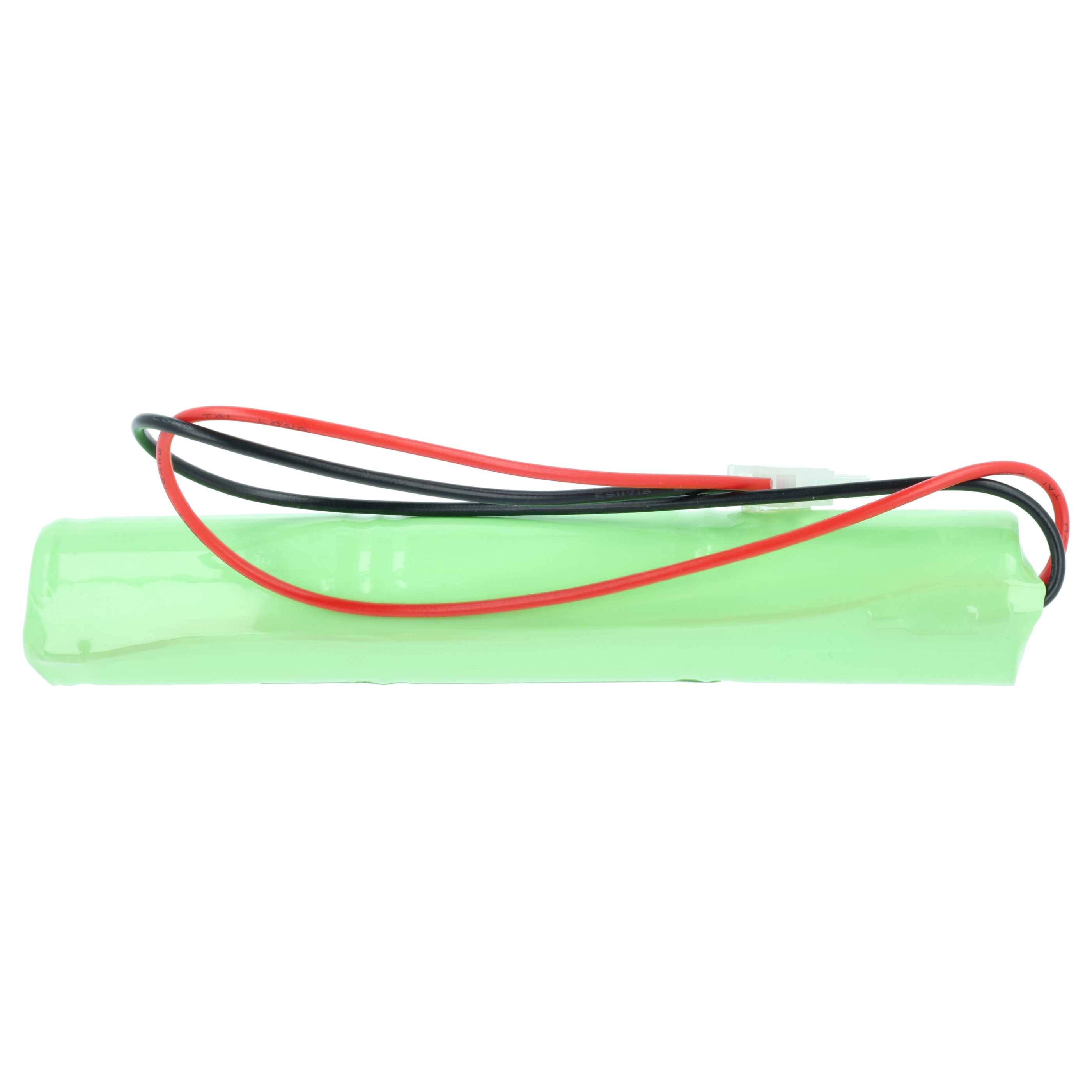 „Ein grünes wiederaufladbares Batteriepack mit roten und schwarzen Kabeln, die daran befestigt sind, liegend auf weißem Hintergrund.