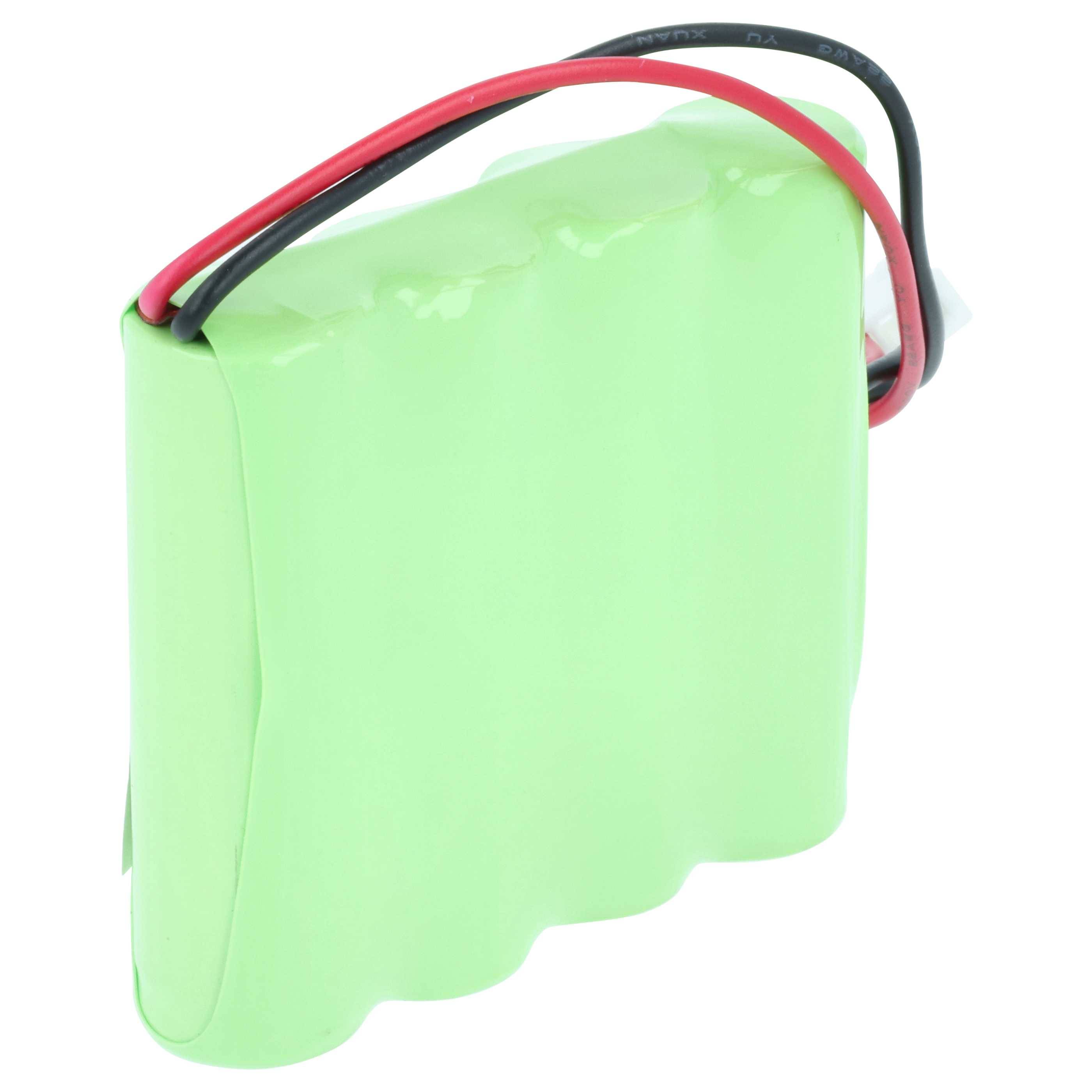 Ein grünes wiederaufladbares Batteriepack mit schwarzen und roten Drähten, die oben herausragen, wird für elektronische Geräte verwendet.