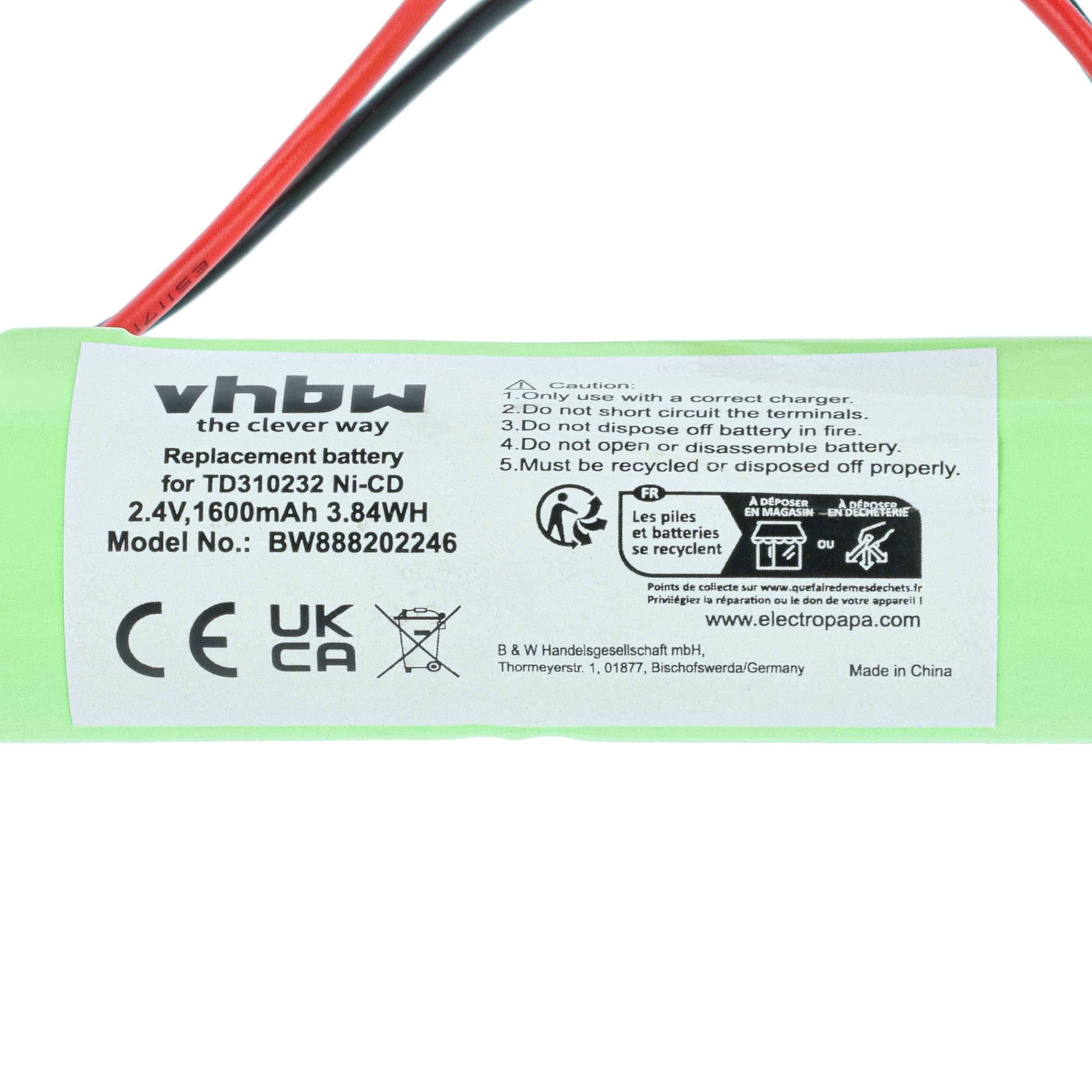 Ein grüner wiederaufladbarer Ni-CD-Akku mit Etikett: „vhbw, 2,4V, 600mAh, 1,44Wh