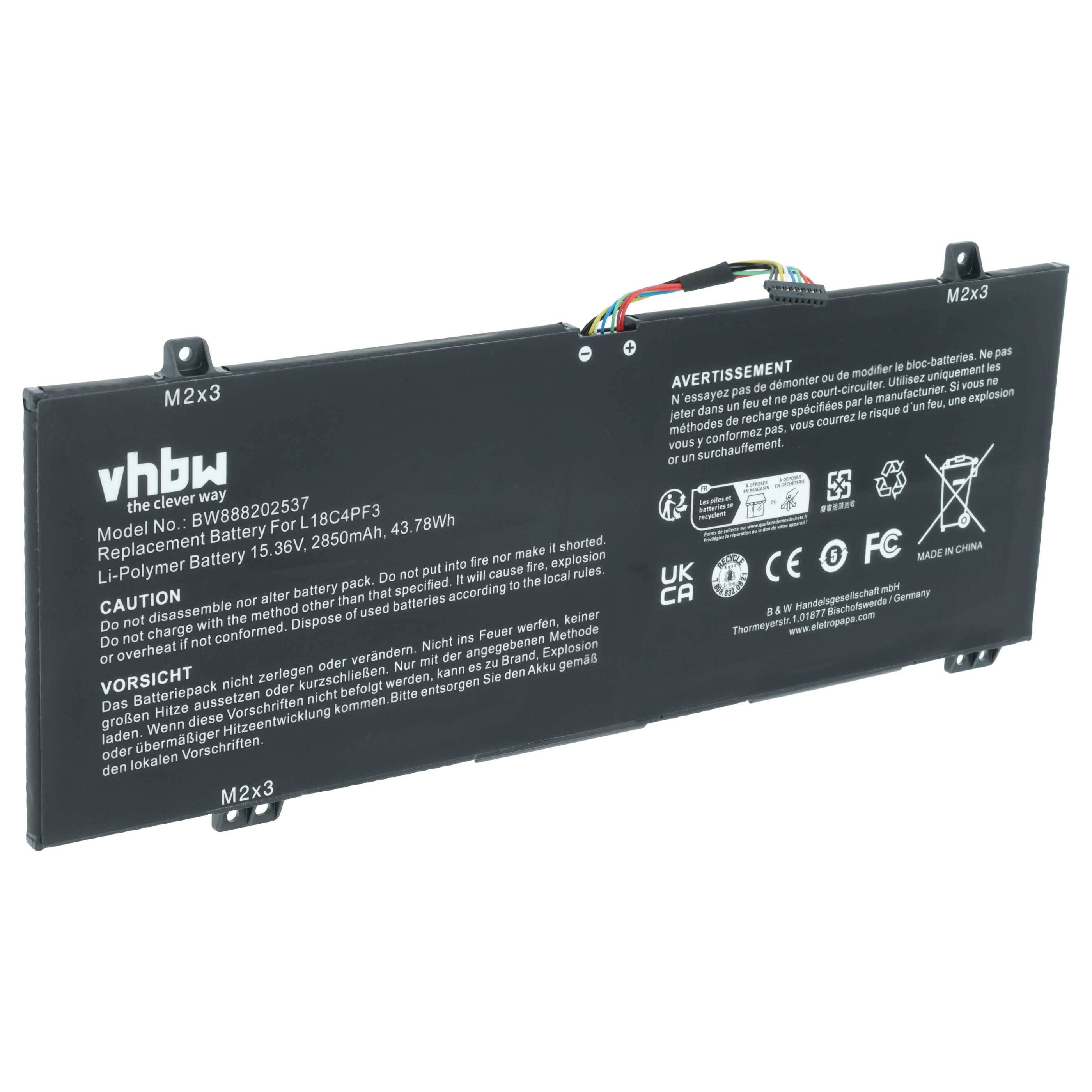 Eine schwarze Lithium-Polymer-Laptop-Batterie mit dem Modell 'BWB8200537', 15,36V, 2860mAh, 43,78Wh. Enthält Sicherheits- und Recycling-Symbole.