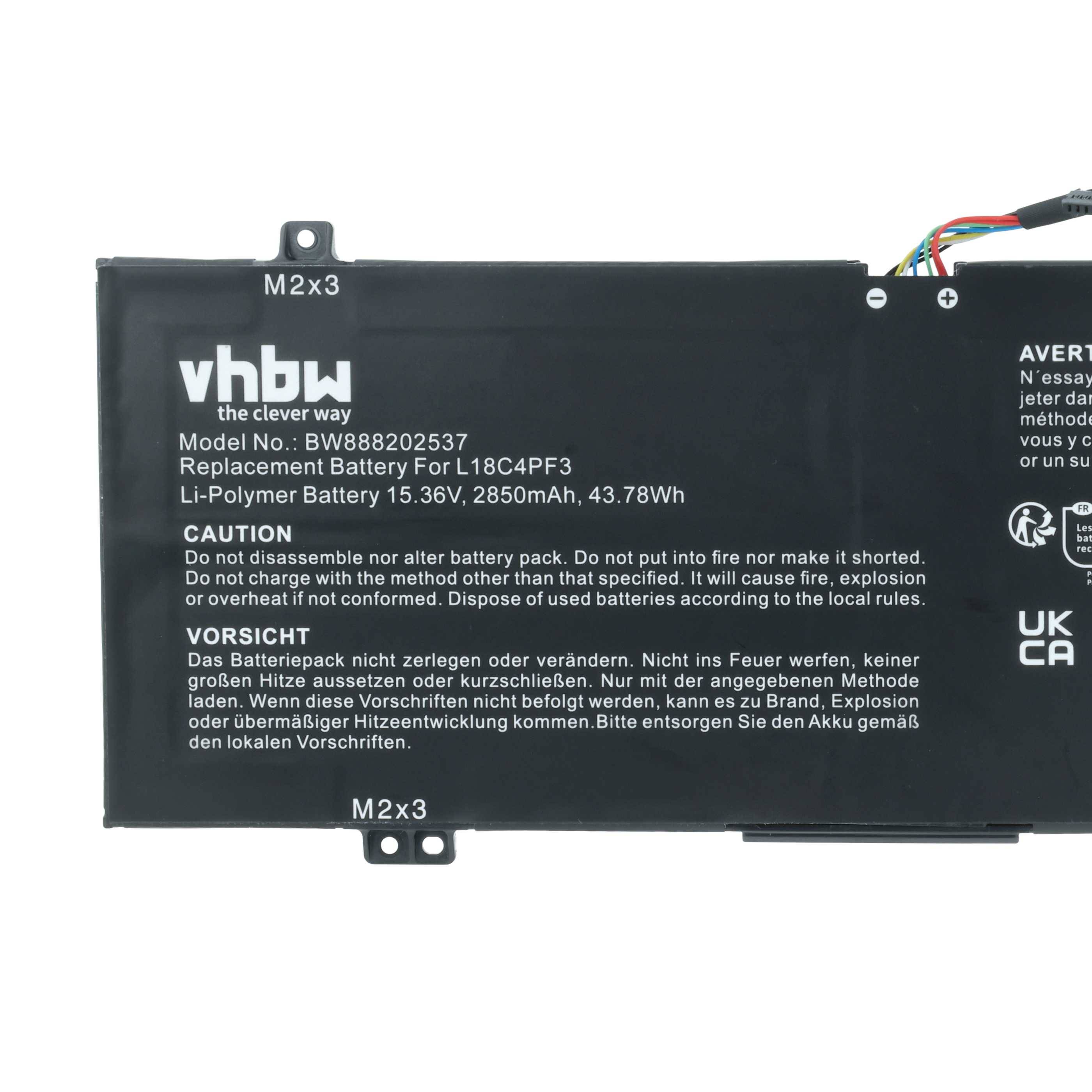 Ein rechteckiger Akku für das M2x3-Modell mit folgenden Spezifikationen: 3,7 Volt, 2850 mAh. Der Text warnt vor möglicher Explosion bei unsachgemäßer Handhabung.