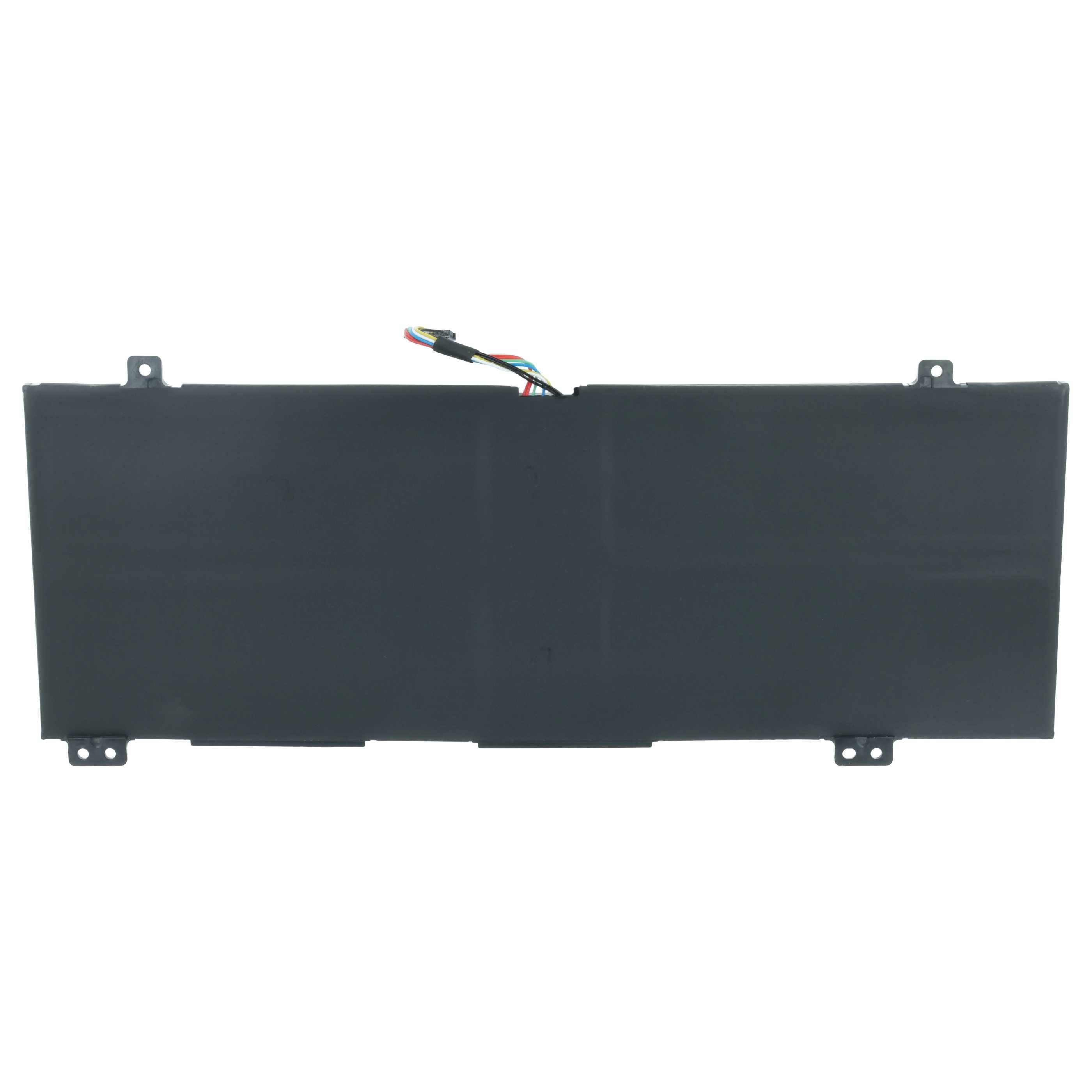 Eine rechteckige Laptop-Batterie mit einem Anschlusskabel in der Mitte oben. Die Batterie verfügt über vier Befestigungslaschen an den Ecken.