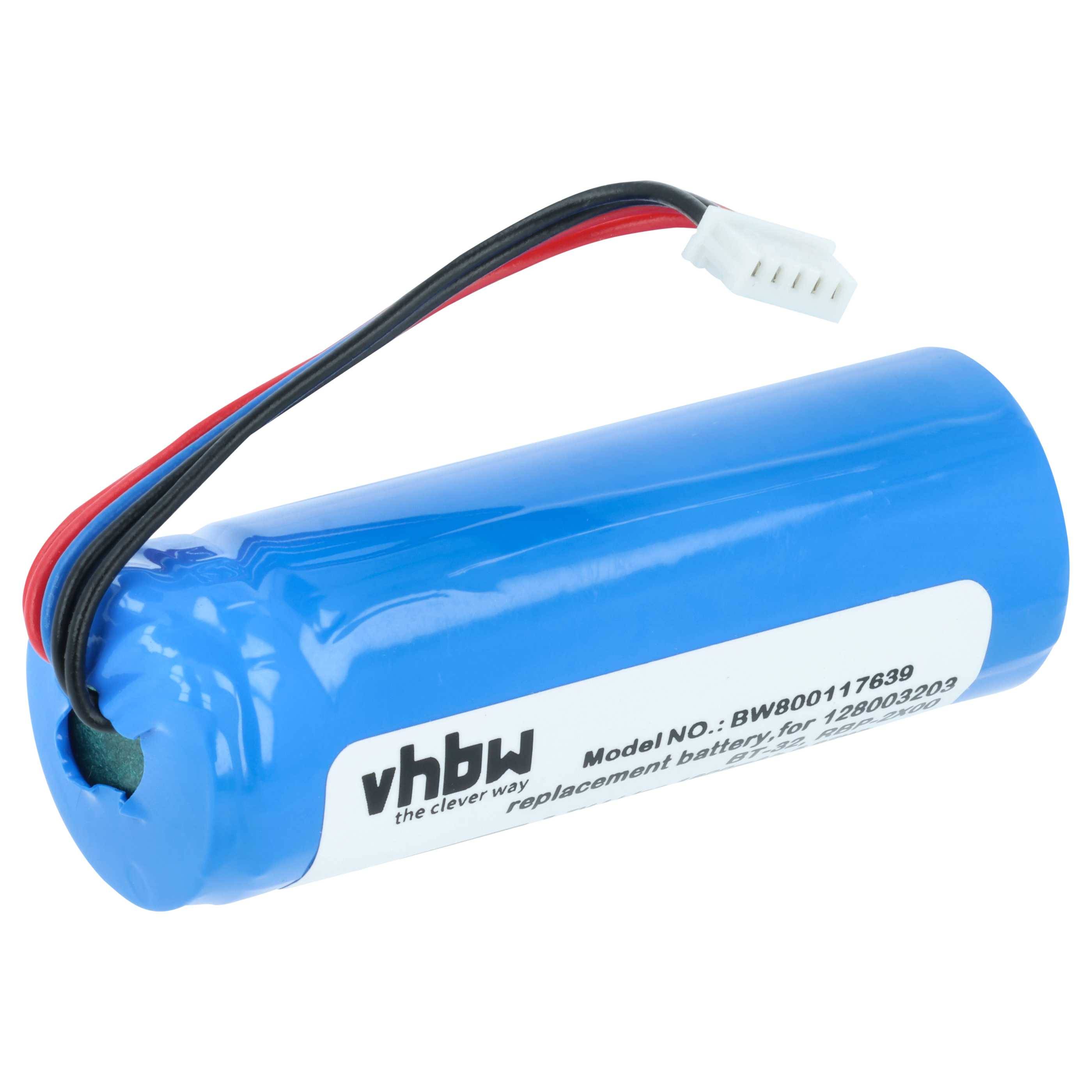 Eine blaue zylindrische Batterie mit Kabel und Stecker. Das Etikett lautet „vhbw, Ersatzbatterie für 12800022