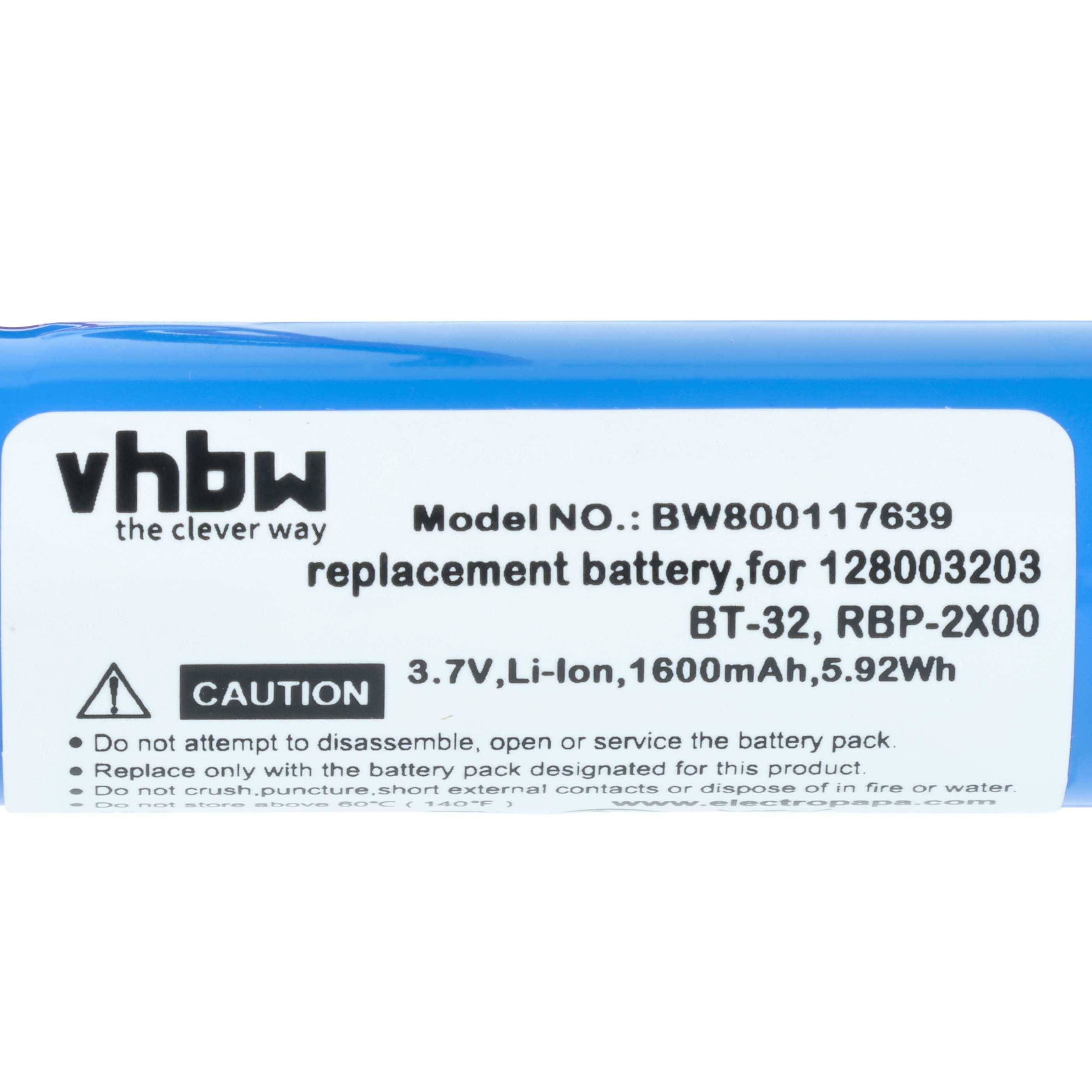 Batterieetikett mit der Aufschrift „vhbw Modell-Nr.: BW800117639 Ersatzbatterie für 12800323 BT-32, RBP-2X00 3,7V, Li-Ion, 1600mAh, 5,92Wh