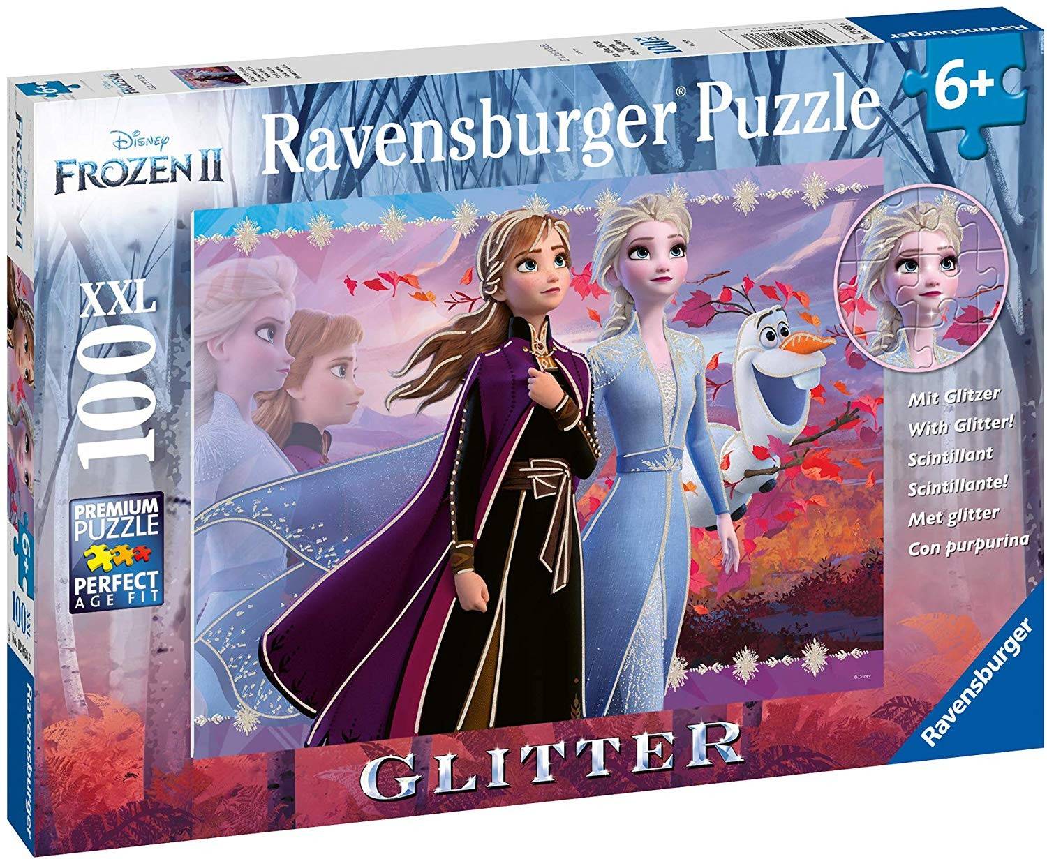 Ravensburger 12868 - Disney Frozen II, Starke Schwestern, Die Eiskönigin, Puzzle, Glitter 100 XXL-Teile Anzahl Teile: 100, Maße (B/H): 49 x 36 cm,