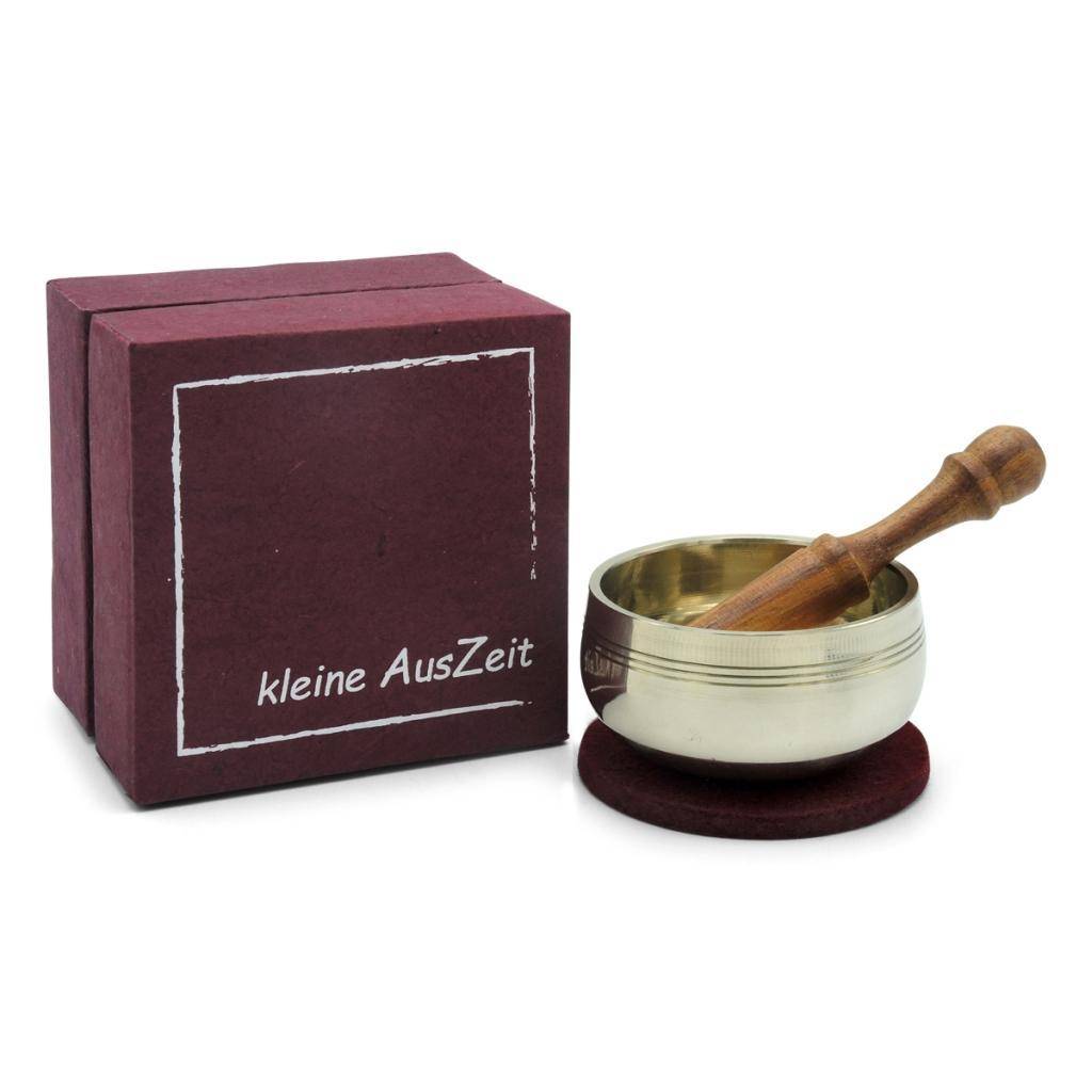 Klangschale in Box kleine Auszeit Kleine Klangschale mit sehr feinem, zartem Klang, in Box aus handgeschöpftem Naturpapier, mit Klöppel aus gedrec