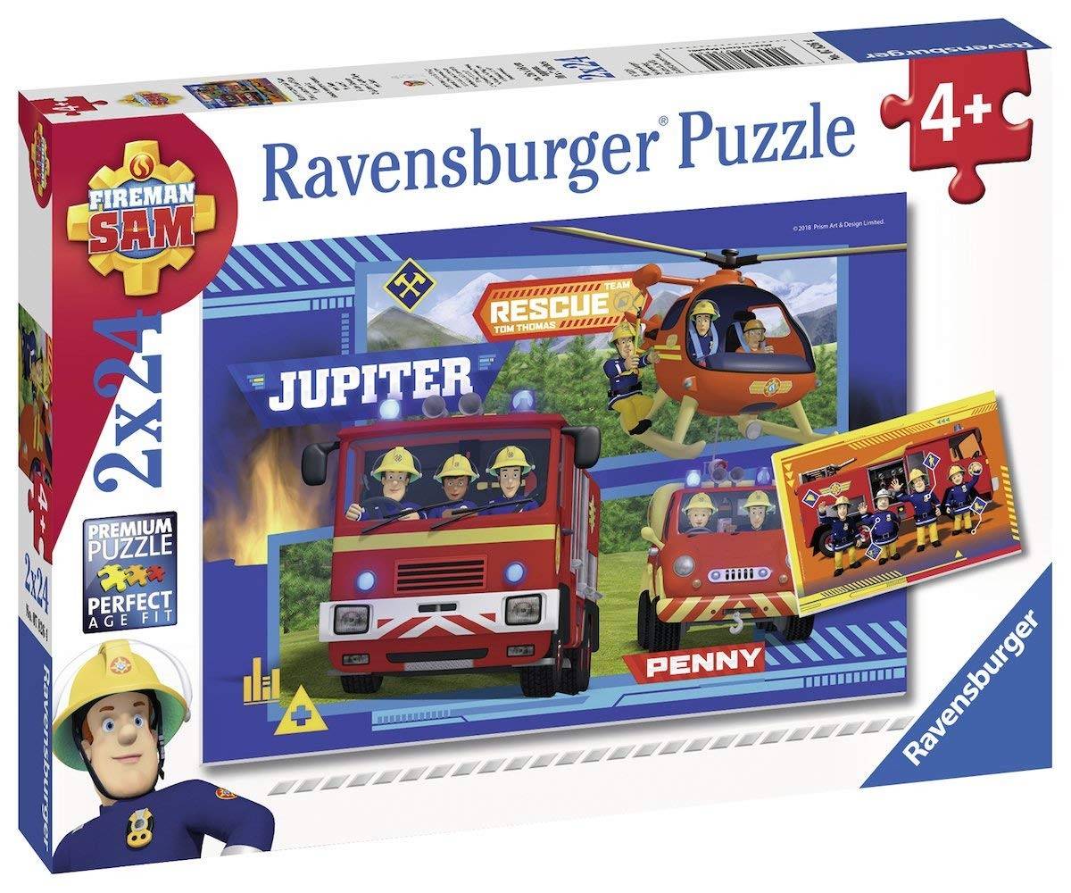 Ravensburger 07826 - Fireman Sam, Wasser marsch mit Sam, 2x24 Teile, Puzzle Premium Puzzle, 2 x 24 Teile, Mit Mini-Poster, Perfect Age Fit, Feuerwehrm