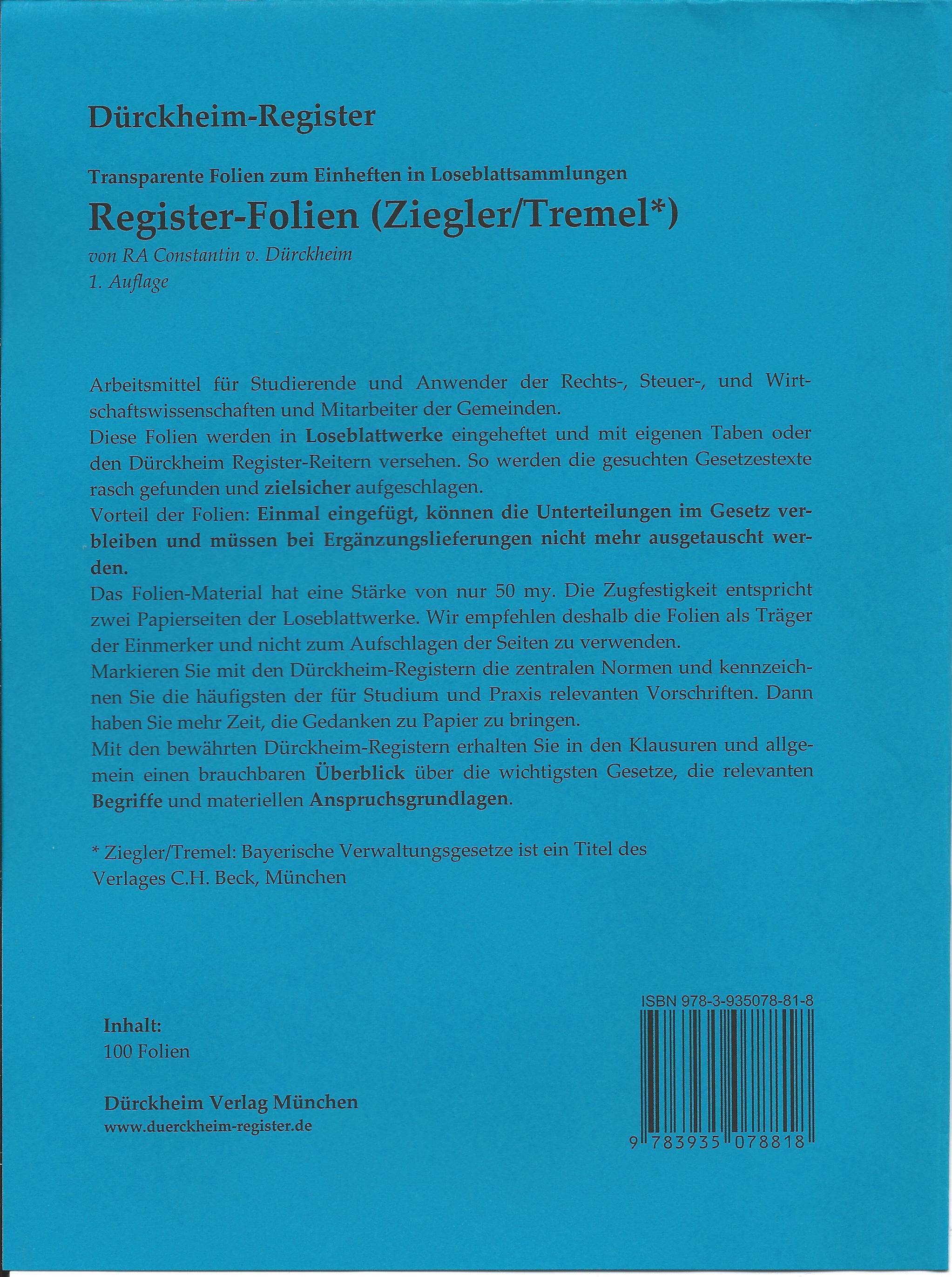 Dürckheim-Griffregister-Folien Nr. 818 für den Ziegler/Tremel 130 transparente FOLIEN für die blau Textsammlung des Verlages C. H. Beck zum Einheft