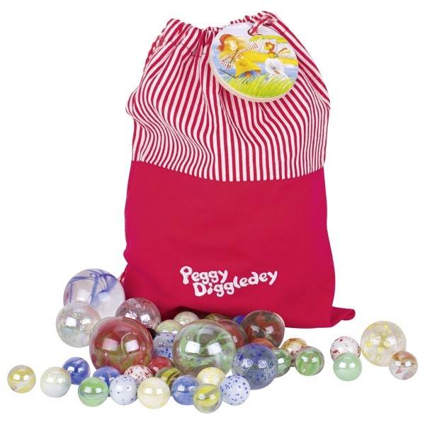 Goki 63924 - Peggy Diggledey, Mein Murmelbeutel mit 50 Murmeln Ø= 1,6 - 3,5 cm, im Baumwollbeutel, verschiedenen Farben / Größen, per Beutel