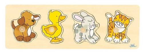 Goki 57866 - Steckpuzzle - Hund, Ente, Has, Katze Anzahl Teile: 4, Holzpuzzle, mit Greifknöpfen