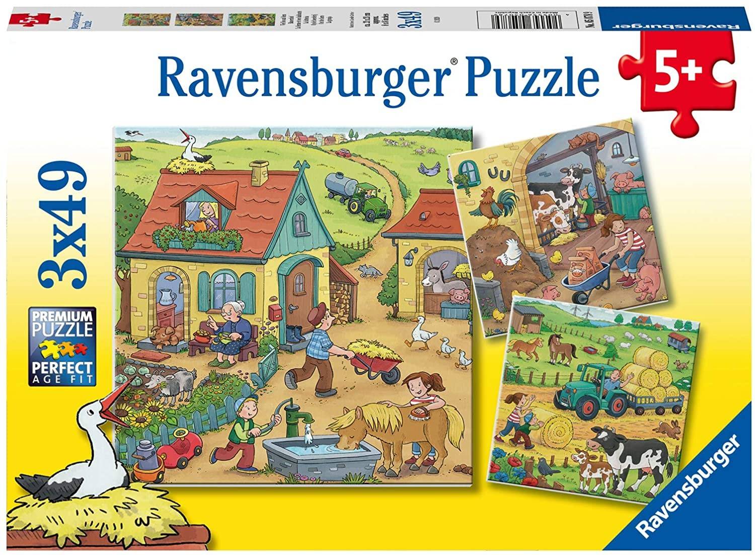 Ravensburger 05078 - Viel los auf dem Bauernhof, Puzzle, 3x49 Teile Anzahl Teile: 3 x 49, Maße (B/H): 21 x 21 cm, Premium Puzzle, Mit Mini-Poster