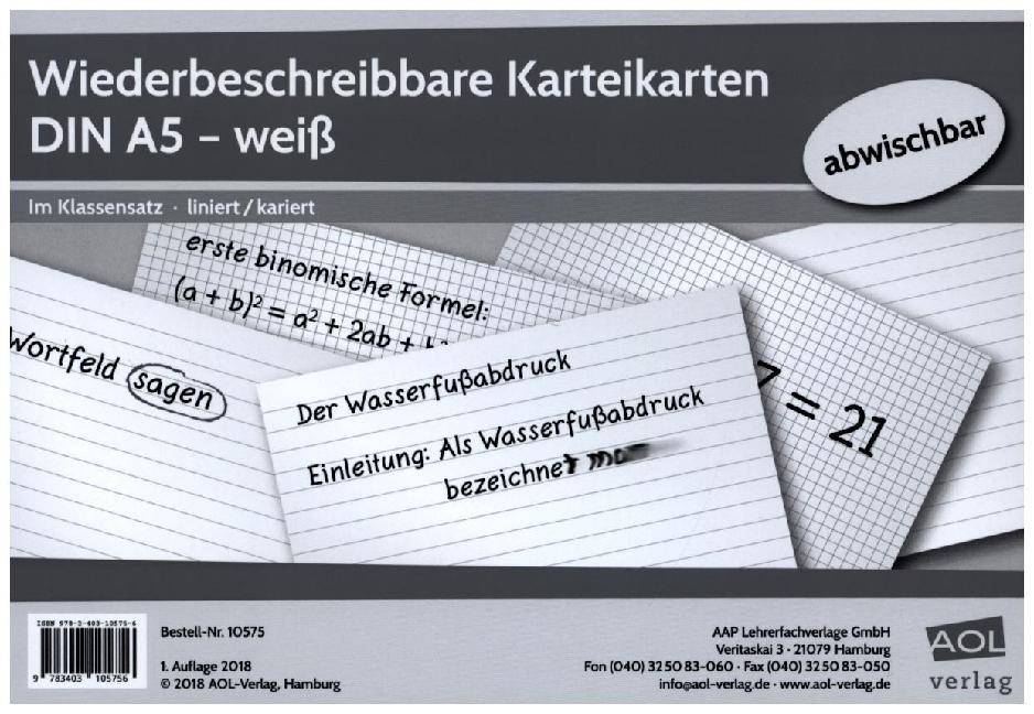 Wiederbeschreibbare Karteikarten DIN A5 - weiß Im Klassensatz - liniert/kariert