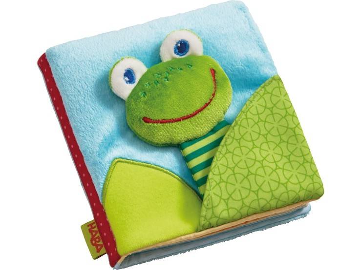 HABA 302097 - Stoffbuch Zauberfrosch Stoffbuch mit Fühl- und Spieleffekten, ab 6 Monate, Material: Polyester, Velours, Kunststoff, waschbar bis 30