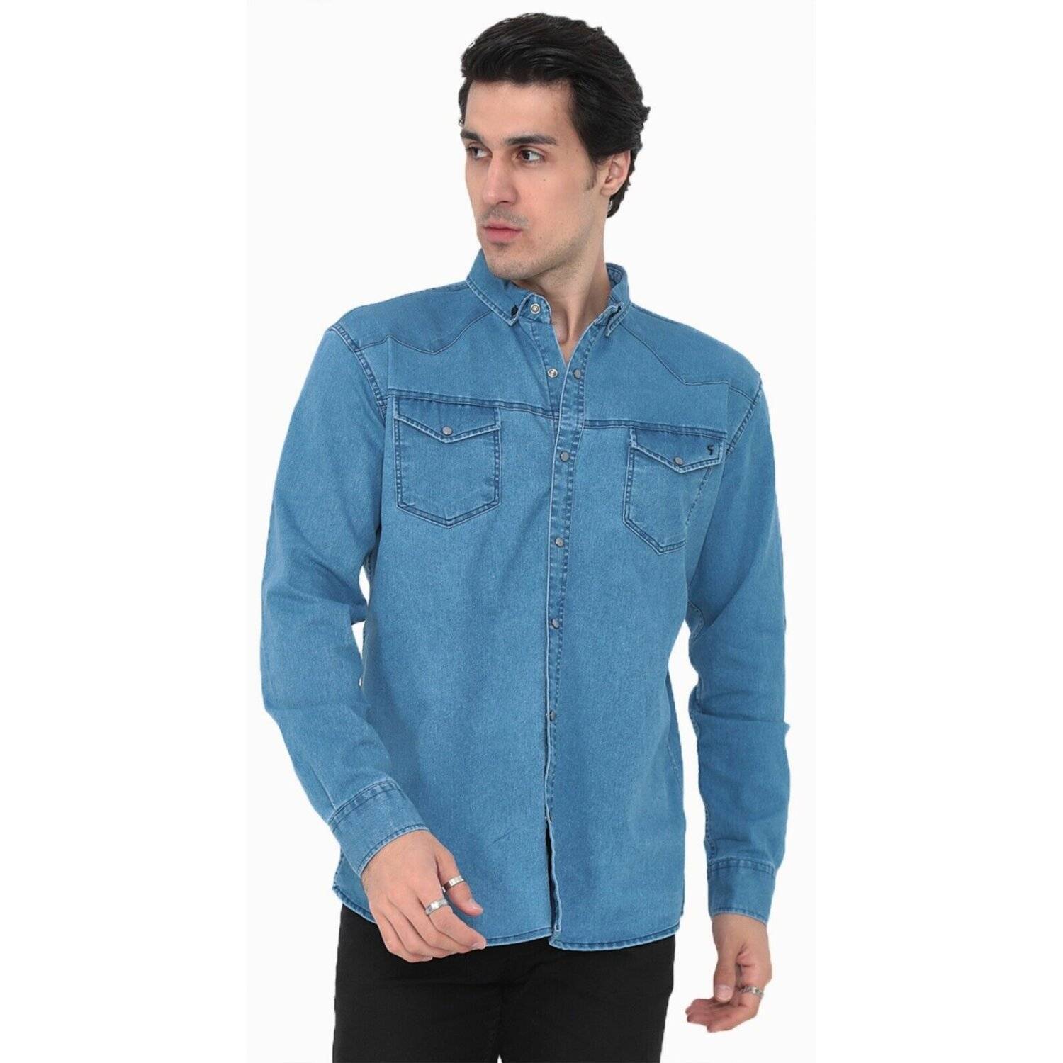 Premium Herren Hemd Basic Freizeithemd dickes Hemd Unifarben Langarm Slim-Fit 100% Baumwolle S Jeansblau