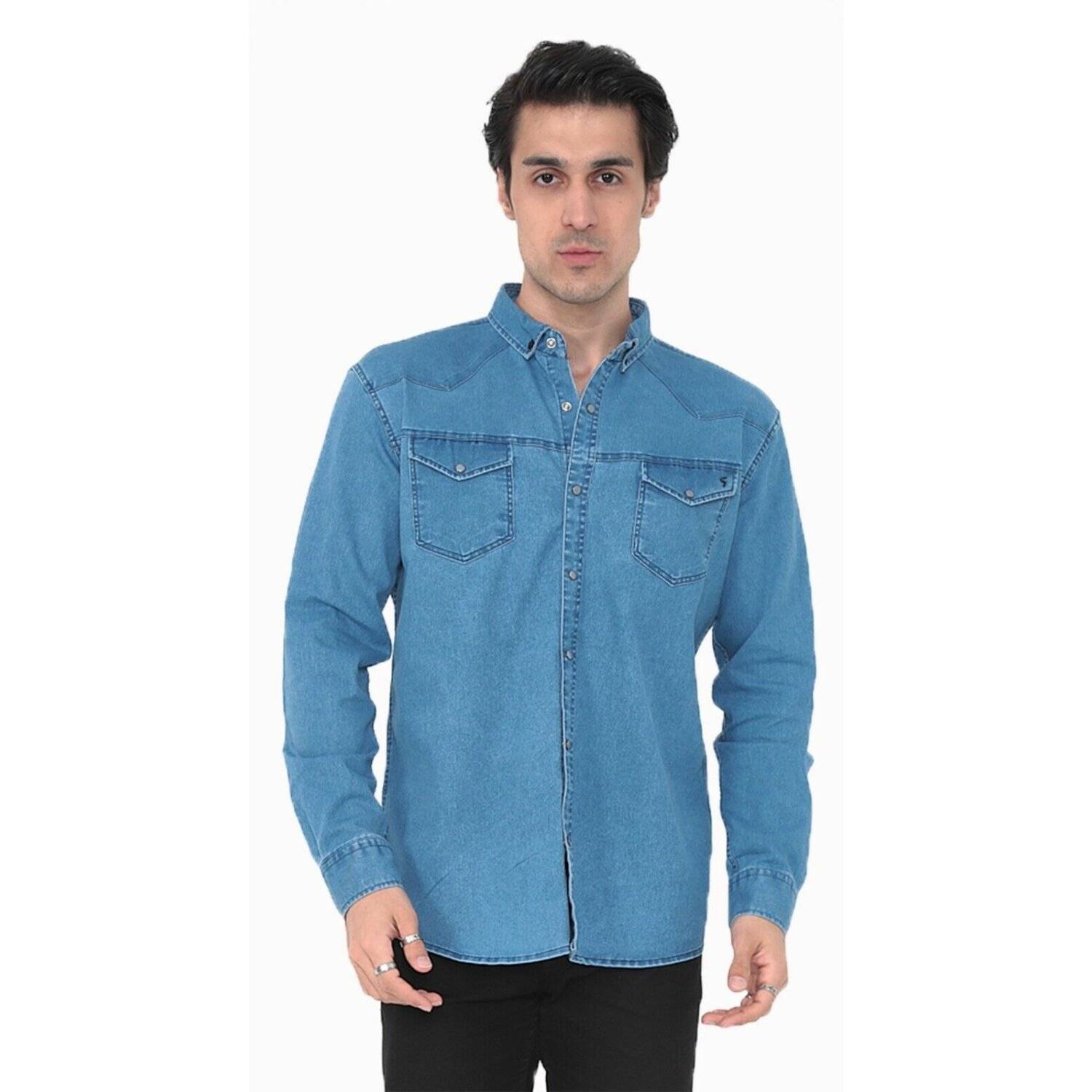 Premium Herren Hemd Basic Freizeithemd dickes Hemd Unifarben Langarm Slim-Fit 100% Baumwolle L Jeansblau
