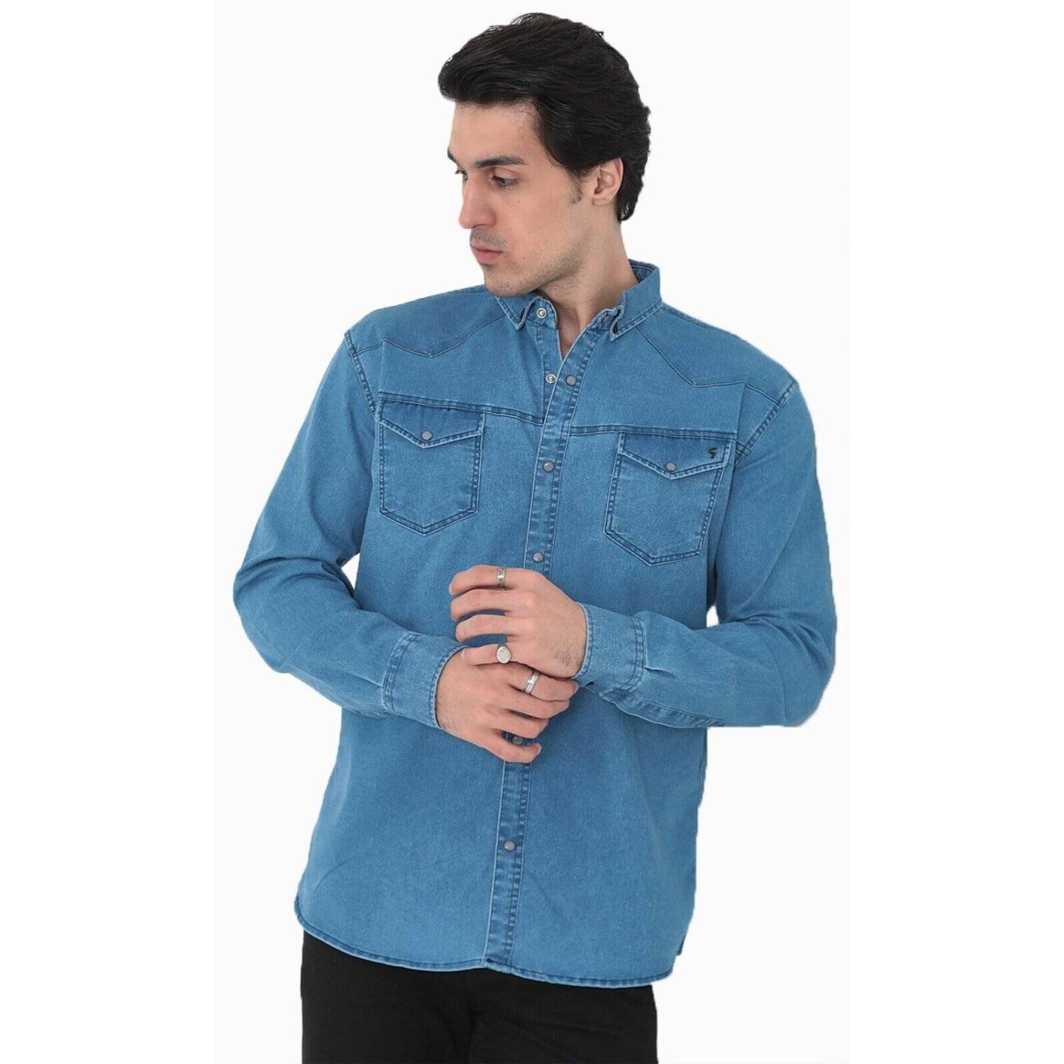 Premium Herren Hemd Basic Freizeithemd dickes Hemd Unifarben Langarm Slim-Fit 100% Baumwolle 2XL Jeansblau
