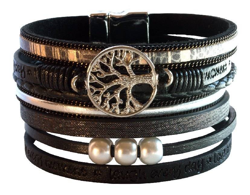 Armband Baum des Lebens Kunstleder schwarz, Metall silberfarben