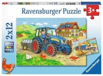 Ravensburger 07616 - Baustelle und Bauernhof, 2x12 Teile, Puzzle Premium Puzzle, 2 x 12 Teile, Mit Mini-Poster, Perfect Age Fit