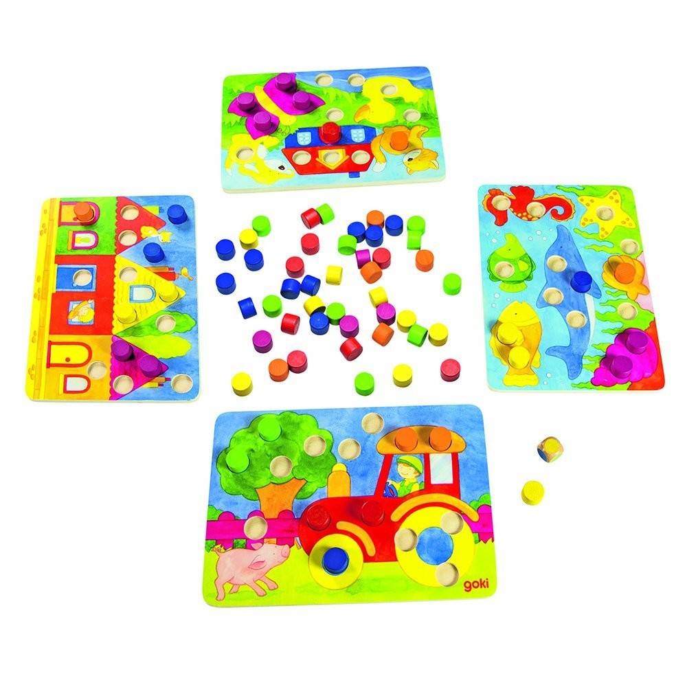 Goki 56705 - Farbwürfelspiel, Zuordnungsspiel 21 x 14,5 x 0,6 cm, Holz, 95 Teile