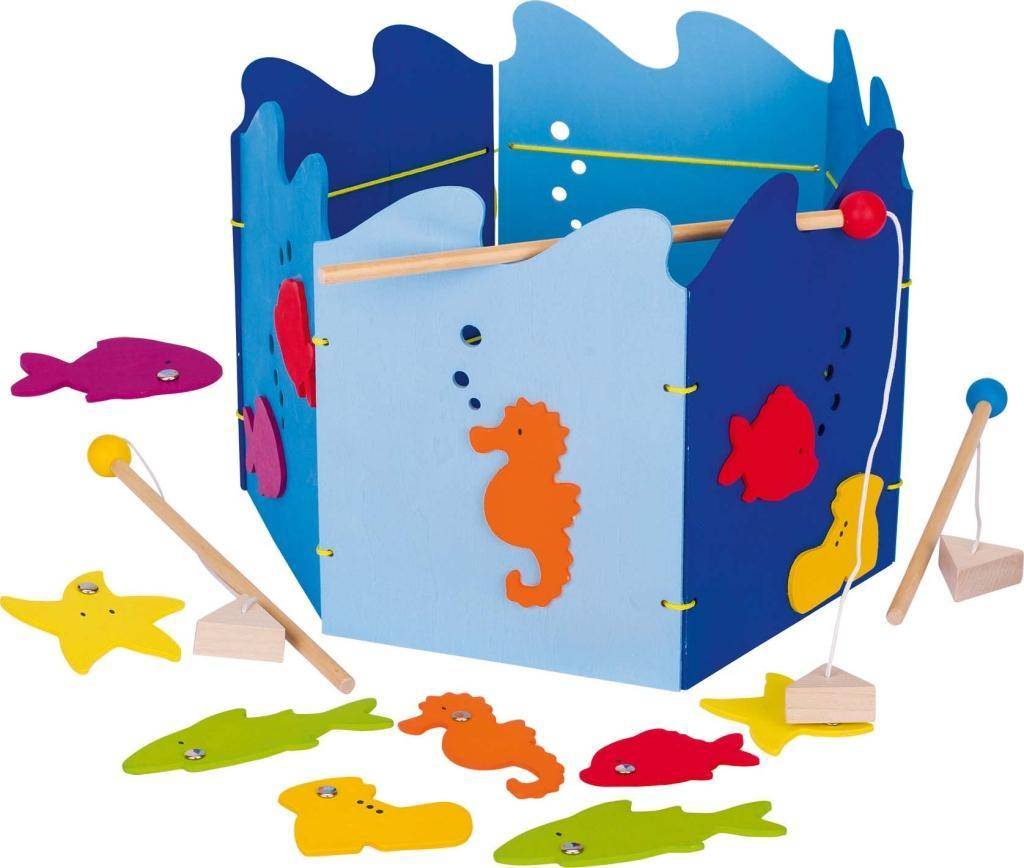 Angelspiel (Kinderspiel) Ø 31 cm,Holz,15 Fische, 3 Angeln,1 Teich, magnetisch, per St