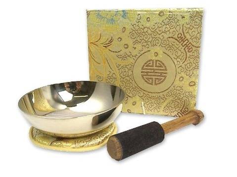 Klangschale flach (300g), mit Unterlage, Klöppel, Geschenkkarton mit Stoffbezug Flache hochglanz Klangschale (300g) in Brokatbox mit Zubehör