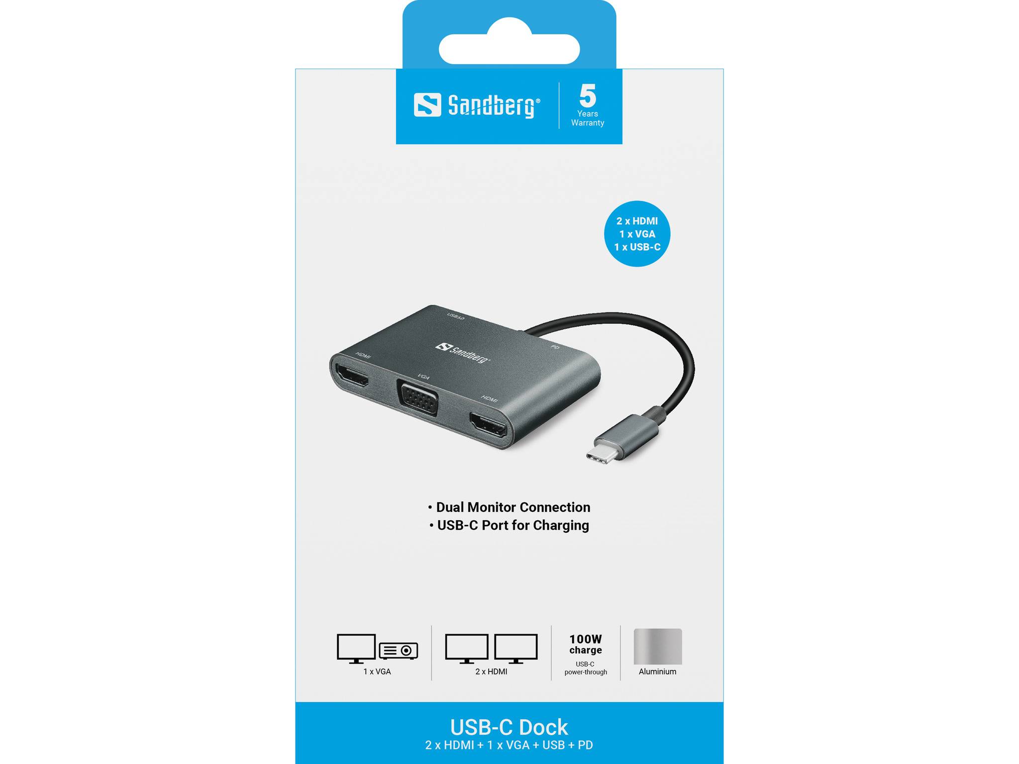 Sandberg USB-C Docking Station auf der Verpackung, mit Unterstützung für zwei Monitore, USB-C-Ladung und Anschlüsse für HDMI, VGA und USB-C.