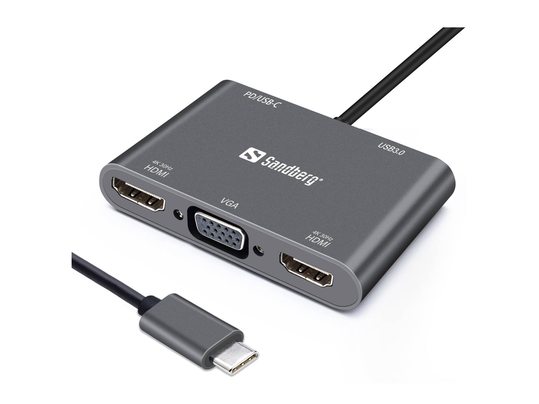 Sandberg USB-C-Hub mit HDMI-, VGA- und DisplayPort-Anschlüssen, abgebildet mit angeschlossenem USB-C-Kabel.