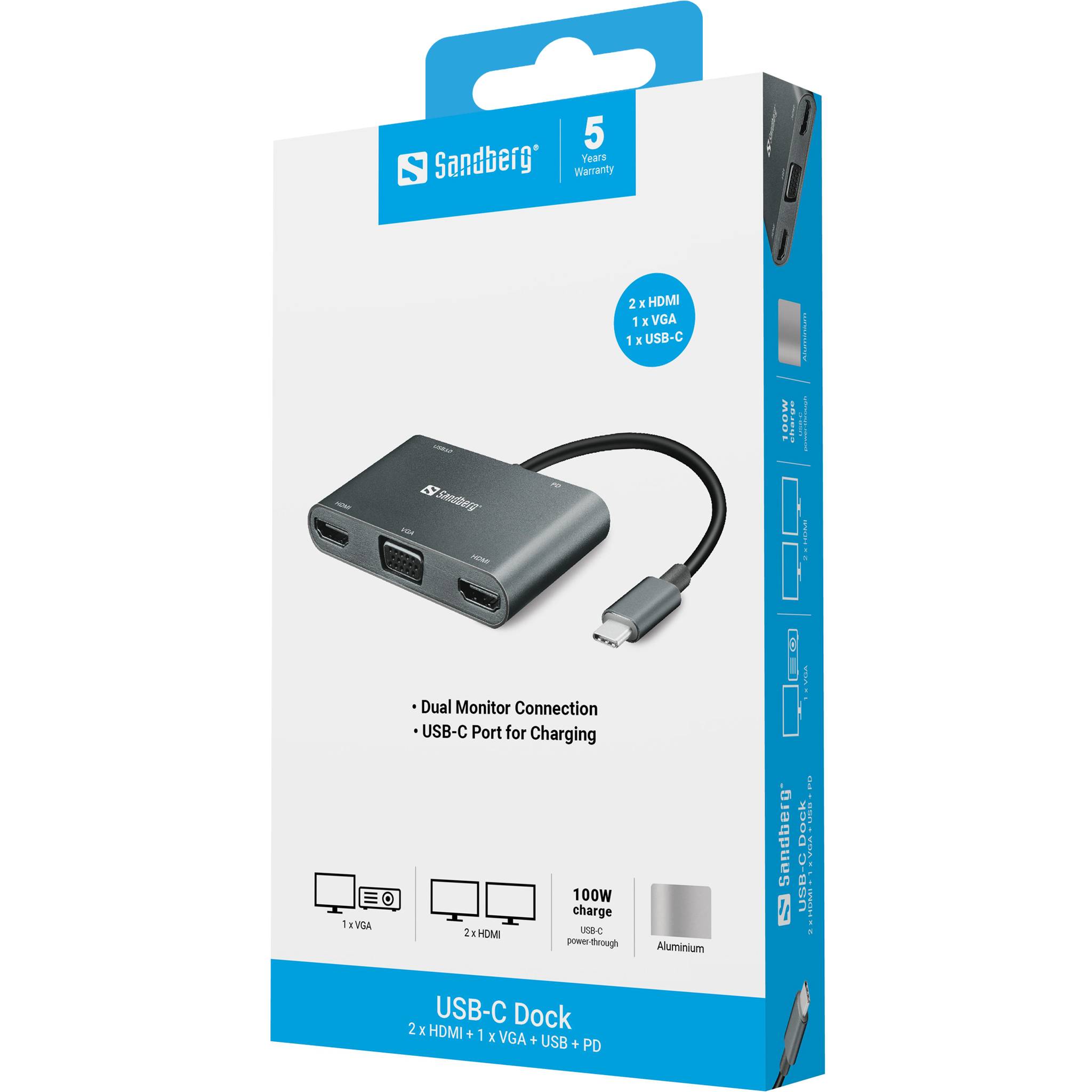 Sandberg USB-C Dockingstation-Verpackung mit einer Dockingstation mit 2 HDMI, 1 VGA und USB-C-Ladefunktion für den Anschluss von zwei Monitoren.