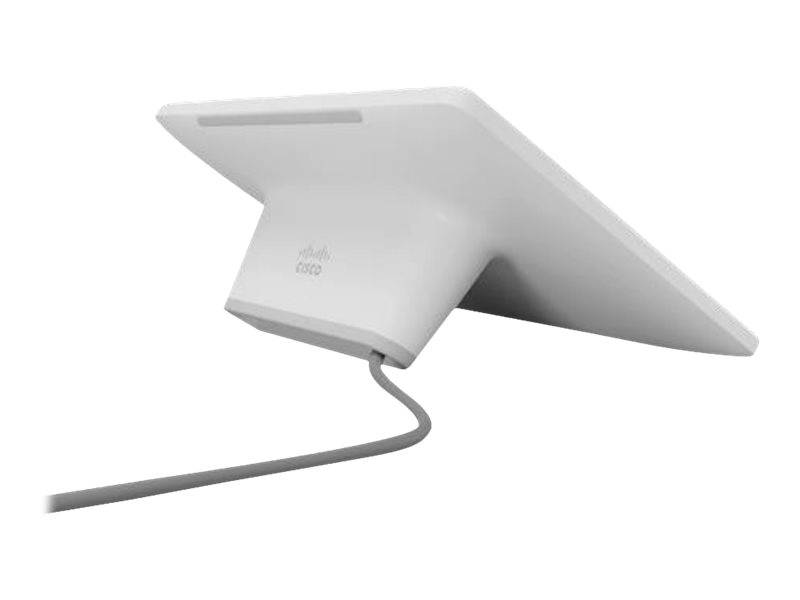 Rückansicht eines weißen Tablets oder Displays auf einem Ständer mit angeschlossenem Kabel vor einem einfachen Hintergrund.