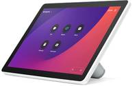 Tablet-Gerät auf einem Ständer, das einen bunten Startbildschirm mit kreisförmigen App-Symbolen und einem kleinen Schlosssymbol in der unteren rechten Ecke anzeigt.