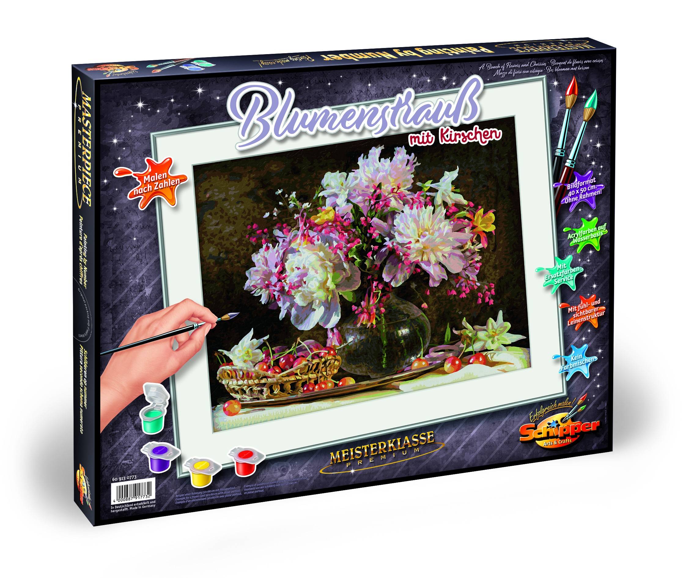 Schipper 609130773 - Malen nach Zahlen, Blumenstrauß mit Kirschen Meisterklasse Premium, Mit Acrylfarben auf Wasserbasis und Pinsel, Maltafel mit Lei
