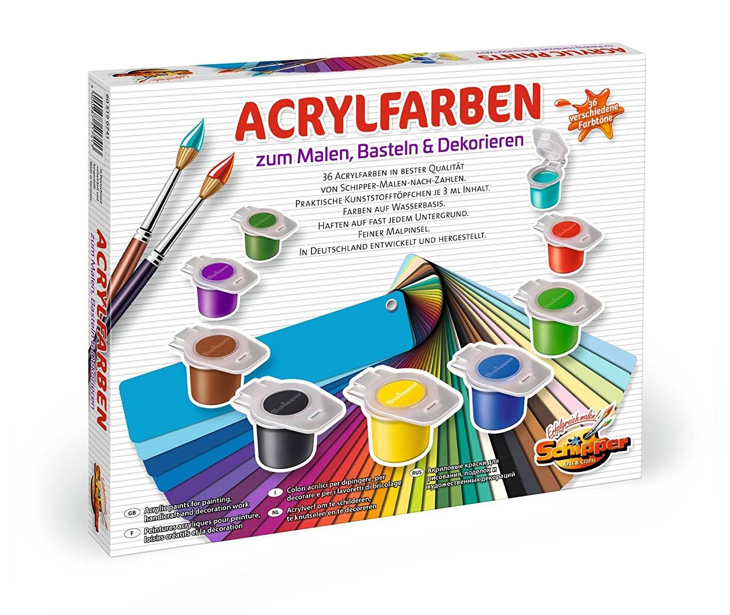 Schipper 605190741 - Acrylfarben Set mit 36 Farben 36 Acrylfarben auf Wasserbasis und Pinsel